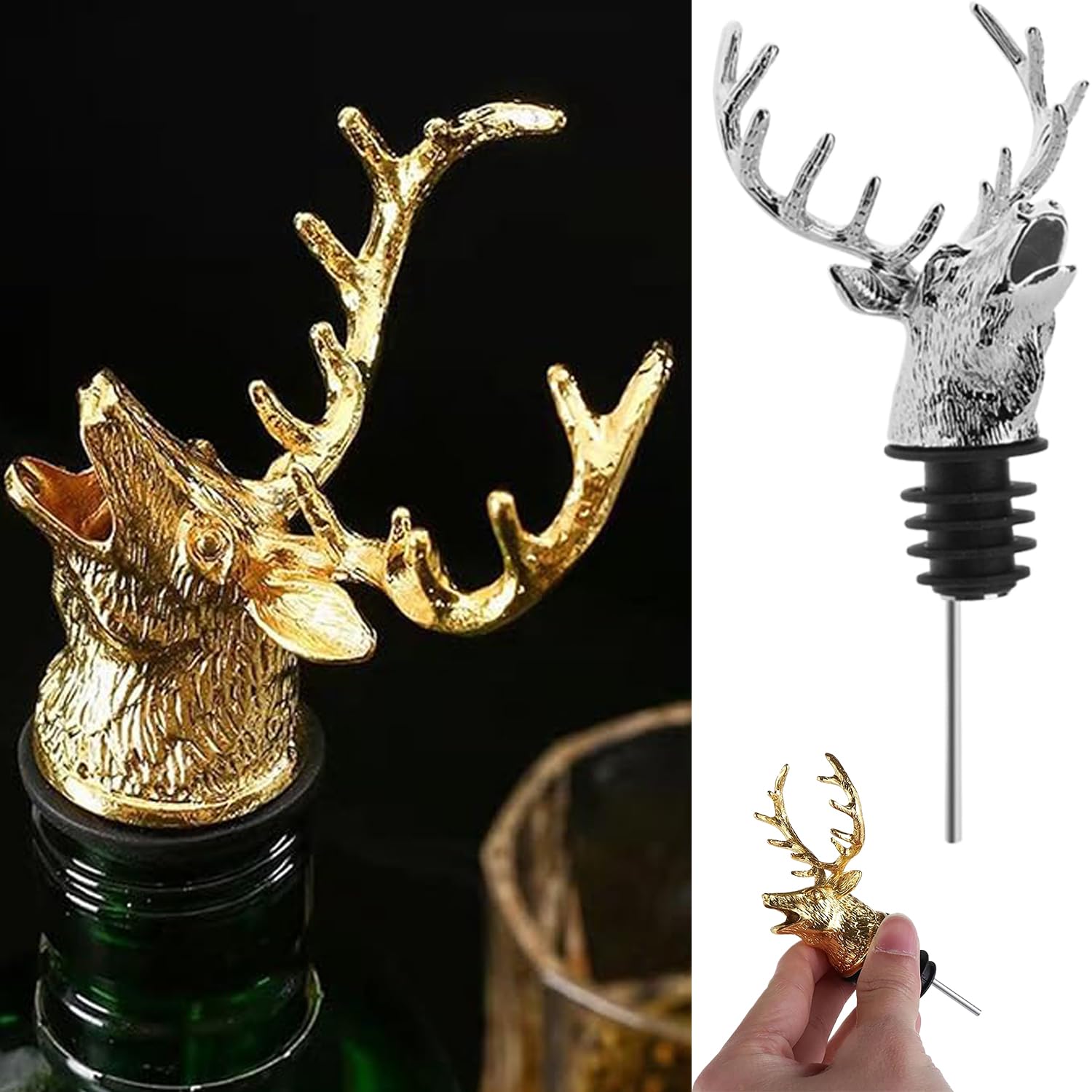 2 Stücke Ausgießer Für Flaschen Wein, Ausgießer Spirituosen, Weinverschlüsse Metall, Für Weinflaschen, Ölflaschen, Gewürzflaschen (Gold und Silber) (Hirschkopf)