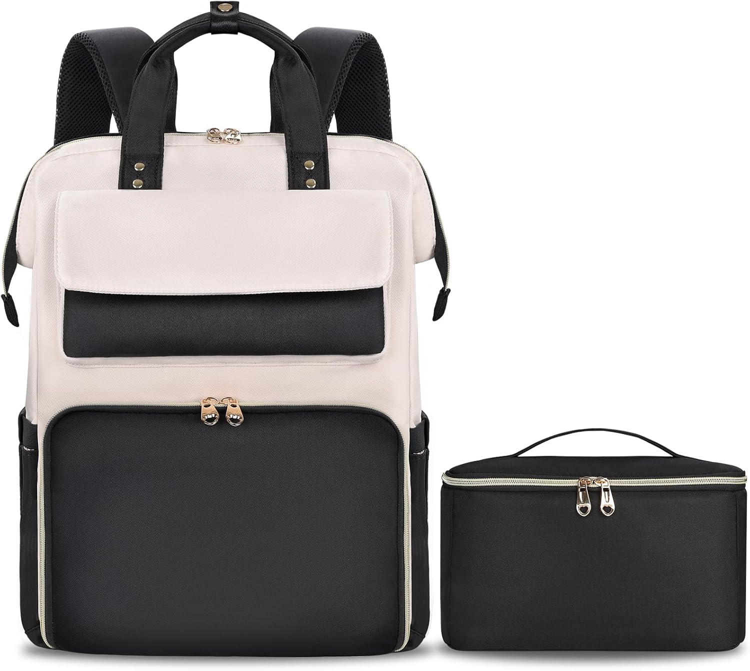 BERTASCHE Lunch Backpack for Women, 15.6 Inch Laptop Backpack with Insulated Cooler Lunch Box, Work Bag for Teacher Nurse Travel College Picnic, Black-Beige