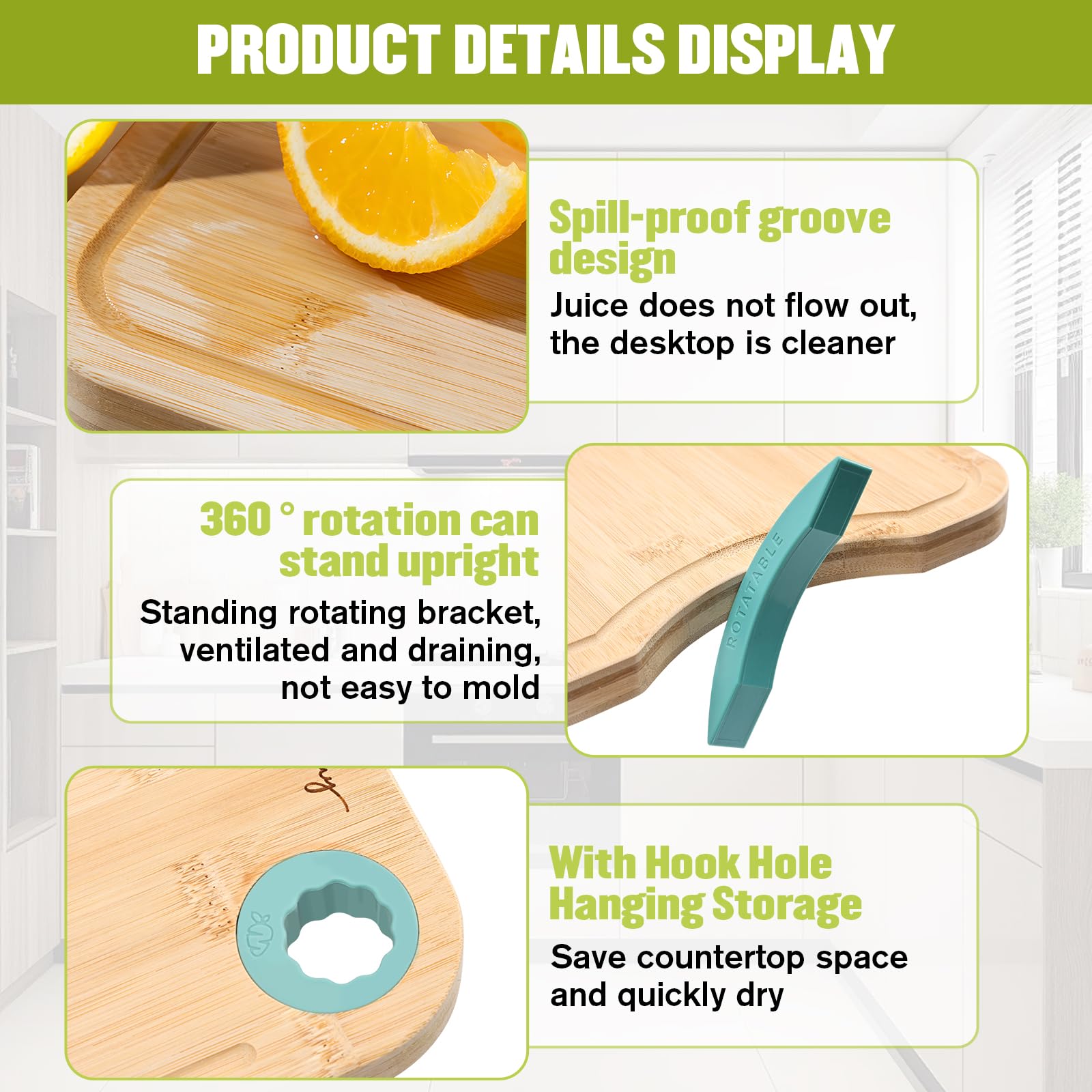 Tablas de cortar de madera para cocina, tabla de cortar de bambú de doble cara con ranura para jugo y soporte giratorio, tabla de cortar duradera y fácil de limpiar, regalo ideal para utensilios de