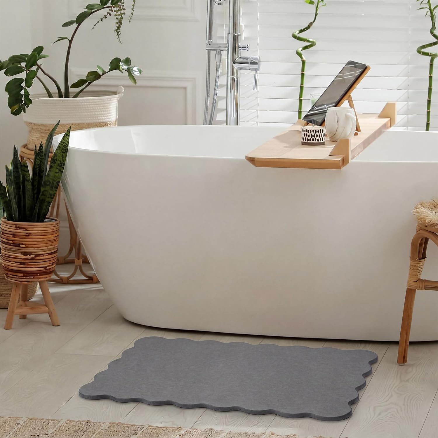 Nuanchu Scalloped Diatomaceous Earth Bath Mat, Textured Stone Shower with Anti-Slip Pad, Super Absorbent Quick-Dry Bathroom Floor Mat for Shower, Bathroom, Modern Home Decor