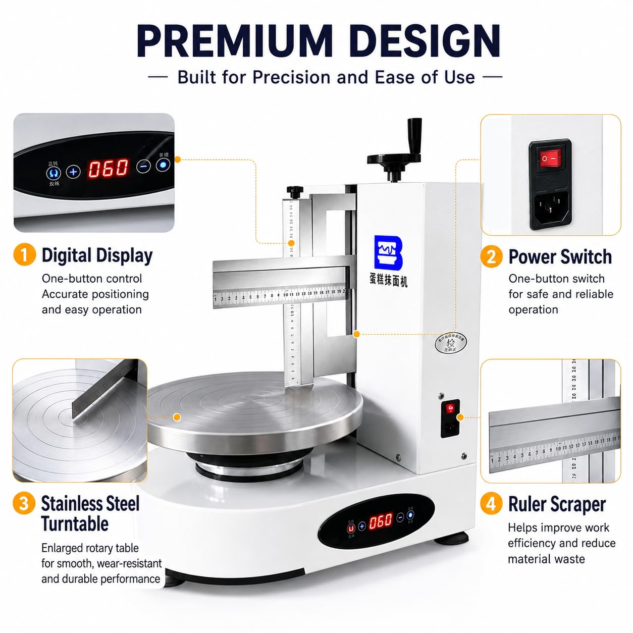 Plateau tournant électrique de 35 cm avec rotation automatique – Grattoir réglable pour gâteaux de 10 à 30,5 cm, lisseur de glaçage et épandeur de glaçage (blanc)