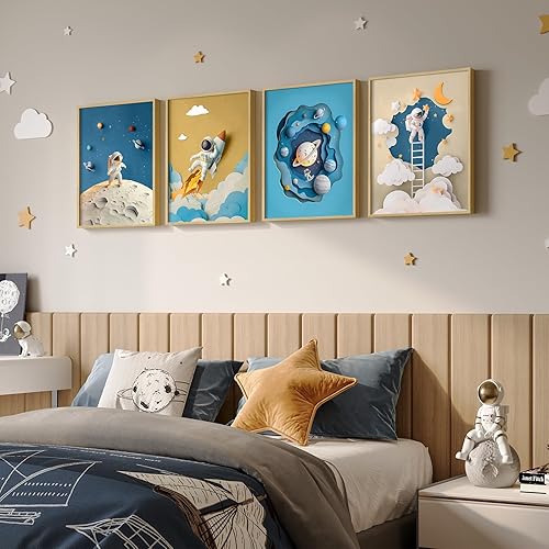 Miniatura 4 de Arte de pared enmarcado de astronauta espacial para decoración de guardería, 4 piezas temáticas de lienzo con temática del espacio exterior, cuadros