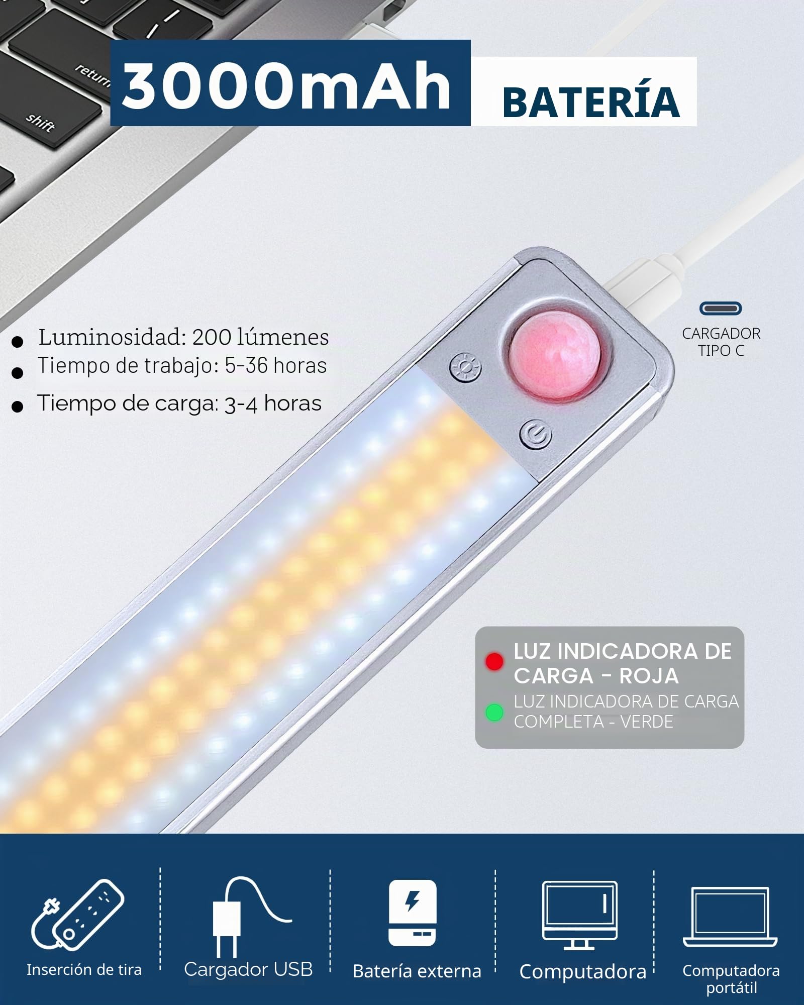 MERTTURM Luz de Armario 188LED, 3000mAh Recargable Luces 4 Modos con Sensor de Movimiento, Brillo Regulable con 3 Colores, 35cm Super brillante Lámpara Magnética para Cocina, Escalera, Garaje, Pasillo