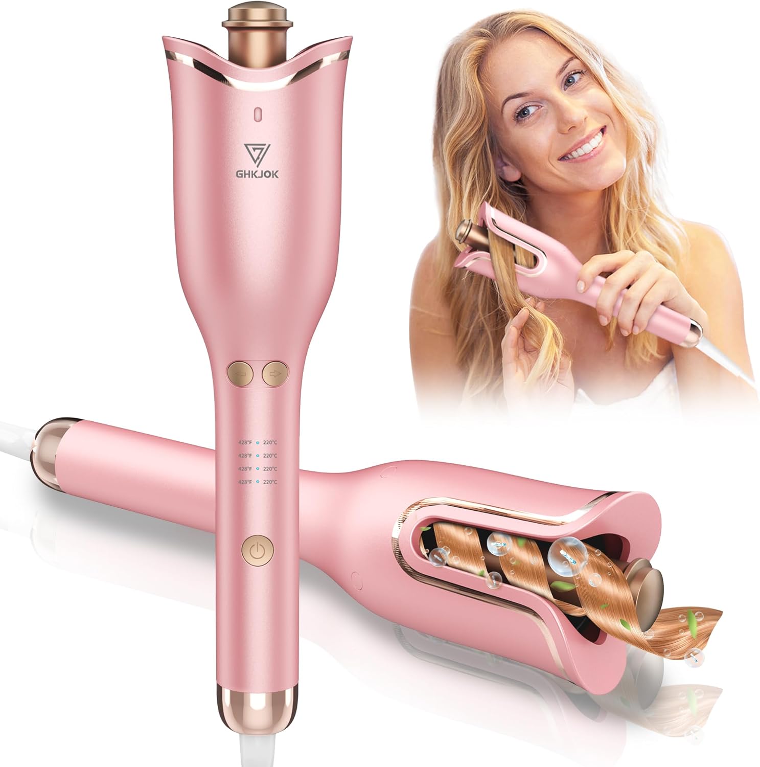 GHKJOK Automatic Curling Iron for Long Hair Auto Hair Curler 1" Ceramic Rotating Barrel Portable Automatic Curling Wand Rotate 4 Temps & 3 Timers Spin Culing Iron Fast Heating Easy for Use