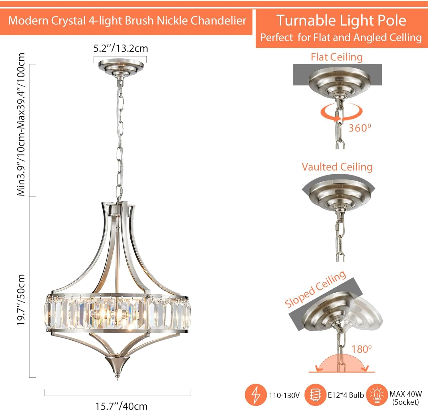 Crystal Chandeliers for Dining Room, Round Rustic Farmhouse Chandelier, Metal Shade, 4-Light Modern Brushed Nickel Chandelier for Hallway, Bedroom, Foyer
