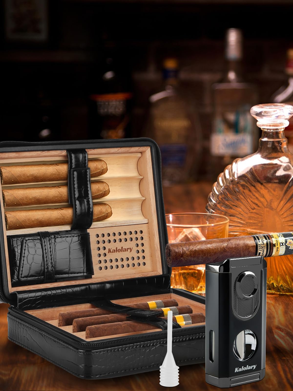 Kalolary Zigarren Humidor Leder mit Zigarrenschneider, Tragbarer Reise Humidor Zigarren mit Zedernholz Auskleidung für Hält bis zu 8 Zigarren, Tolle Geschenke für Männer (Schwarz)