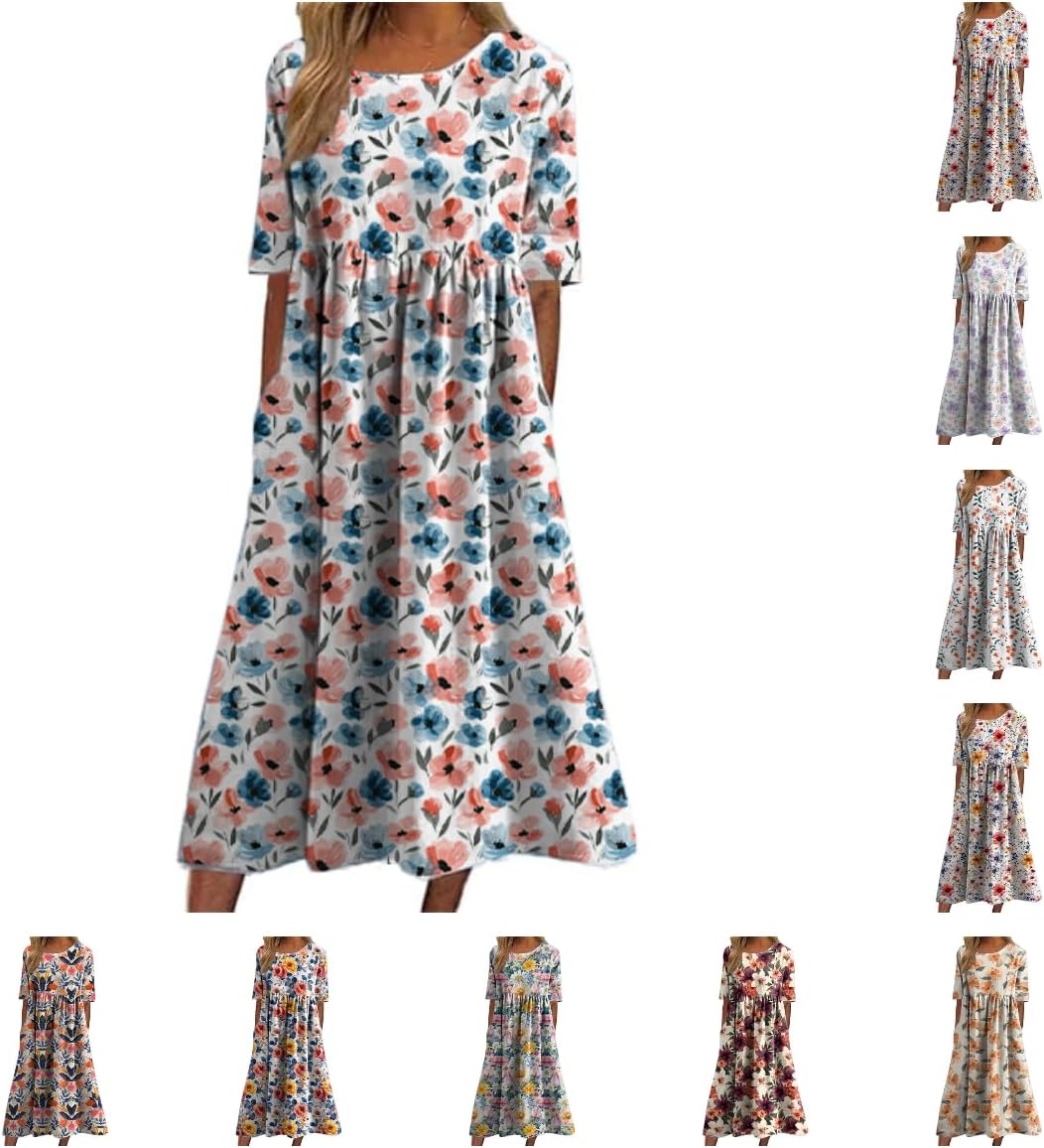 Women's Summer Dresses Bohemian Floral Dress Casual Short Sleeve Loose Fit Long Dresses - Image 4