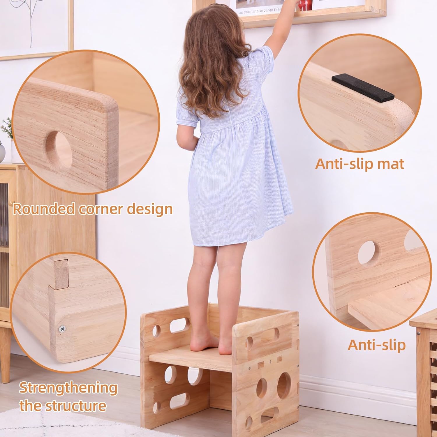 QZM Wooden Step Stool, Square Two Step Stools for Toddler 300 lbs Capacity with Safety Non-Slip Pads and Handles for Bathroom, Kitchen Dual Height for Kids, Natural