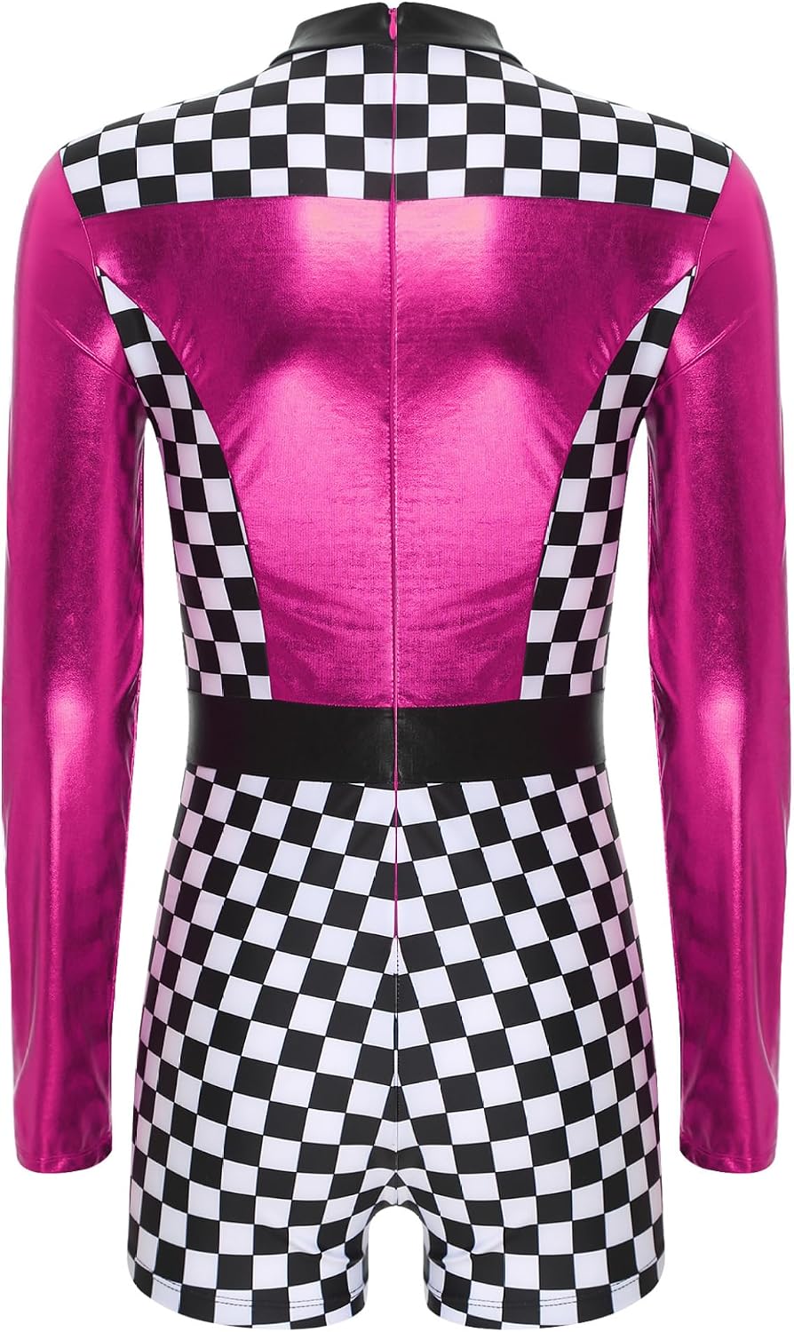 Women Shiny Long Sleeve Leotard Checkerboard Dance Unitard Jumpsuit Halloween Racer Costume