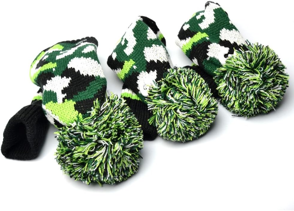 GOOACTION 3PCS Knitted Golf Head Covers 1-3-5 for Driver and Fairway Woods with Long Neck Design Camouflage Army Green Sock Pom Pom Camo Vintage Golf Club Head Covers Set