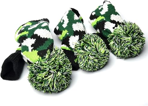 GOOACTION 3PCS Knitted Golf Head Covers 1-3-5 for Driver and Fairway Woods with Long Neck Design Camouflage Army Green Sock Pom Pom Camo Vintage Golf Club Head Covers Set