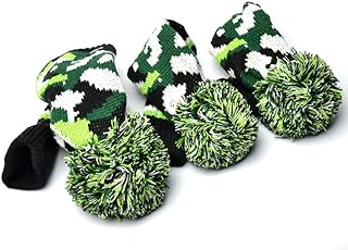 GOOACTION 3PCS Knitted Golf Head Covers 1-3-5 for Driver and Fairway Woods with Long Neck Design Camouflage Army Green Sock Pom Pom Camo Vintage Golf Club Head Covers Set