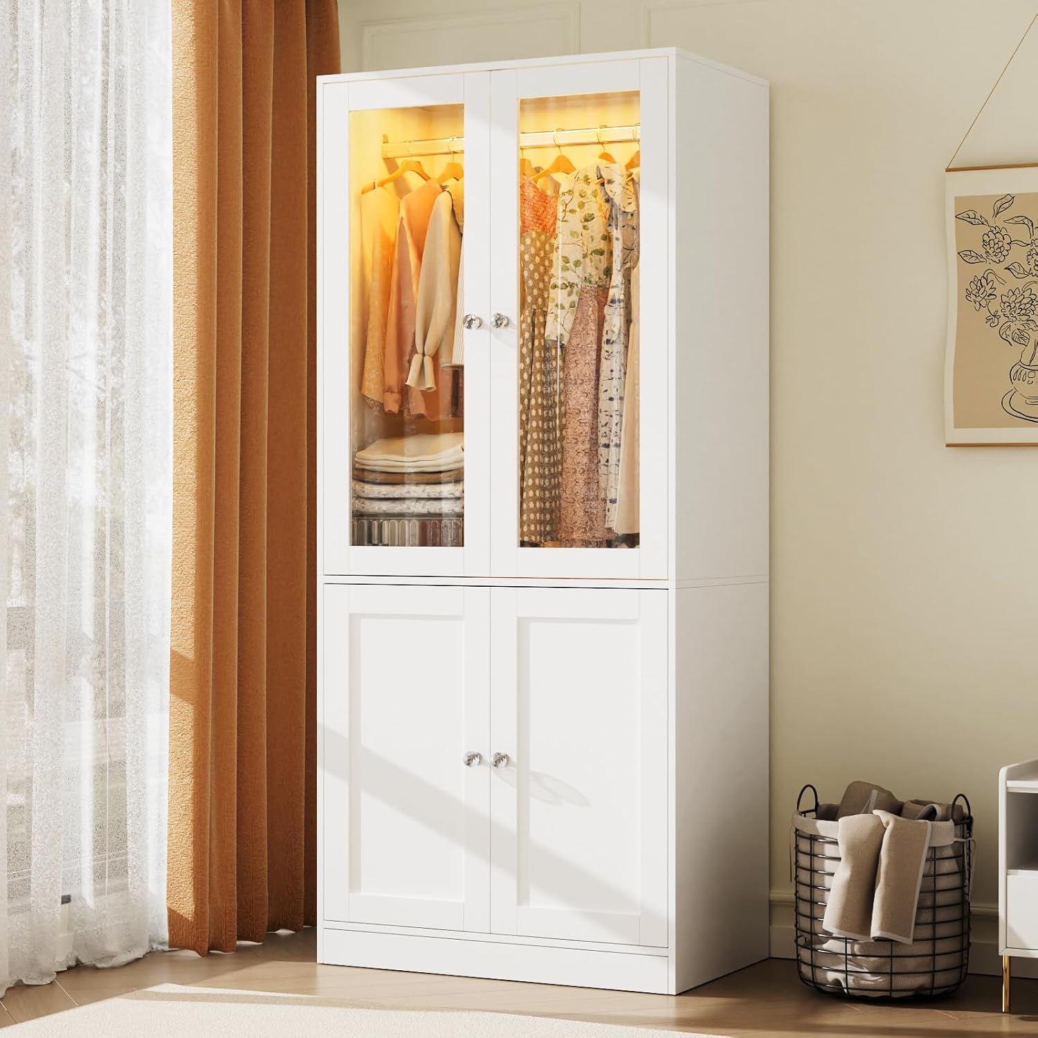 VOWNER 75" Tall Armoire Wardrobe Closet with Drawers & Lights, Clothing Storage Cabinet with 2 Glass Doors & Hanging Rod, Wooden Armoire Storage Cabinet for Bedroom (White, 2 Doors)