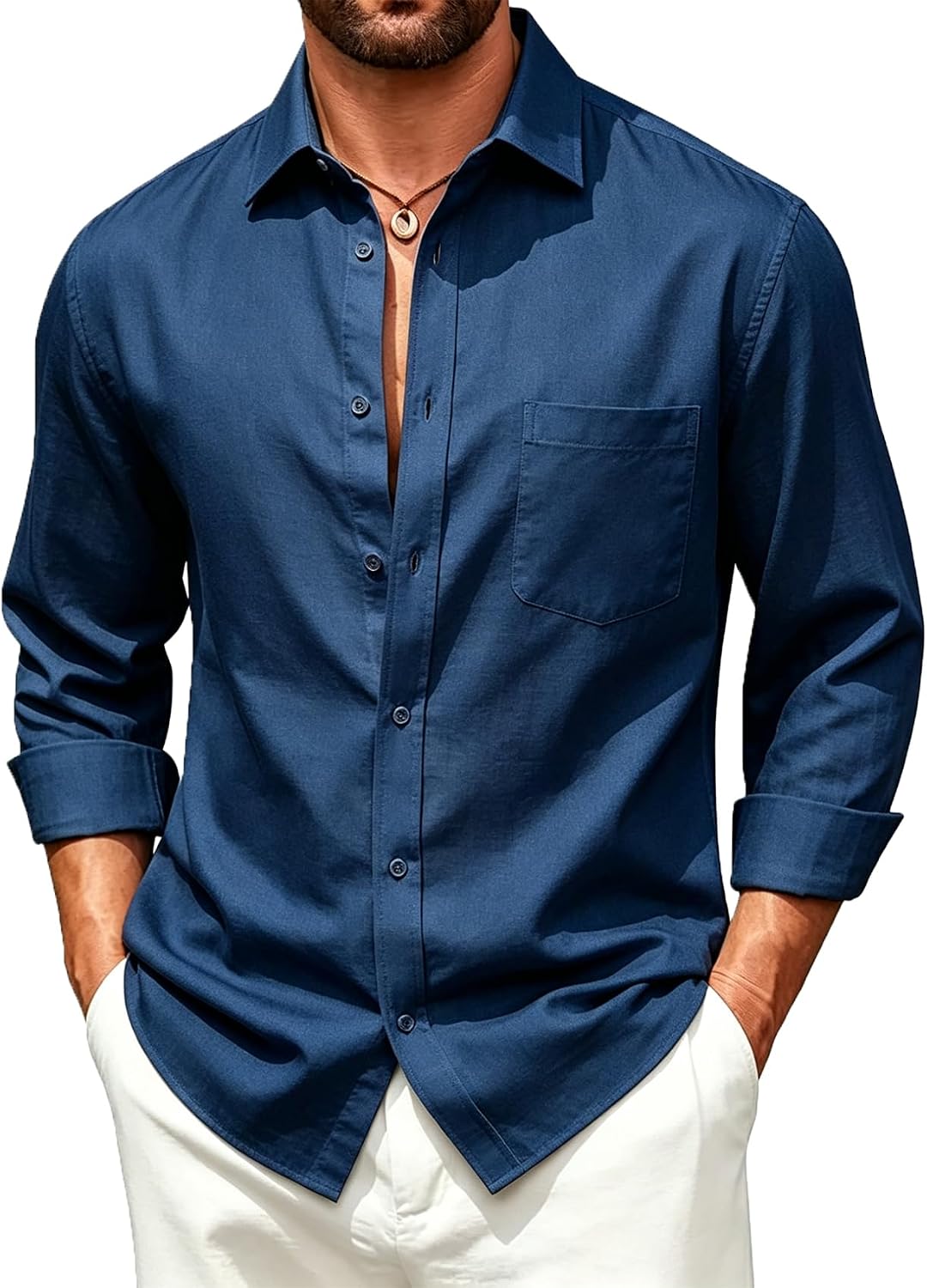 Barry.Wang Mens Linen Shirts Casual Long Sleeve Dress Shirts Wedding Party