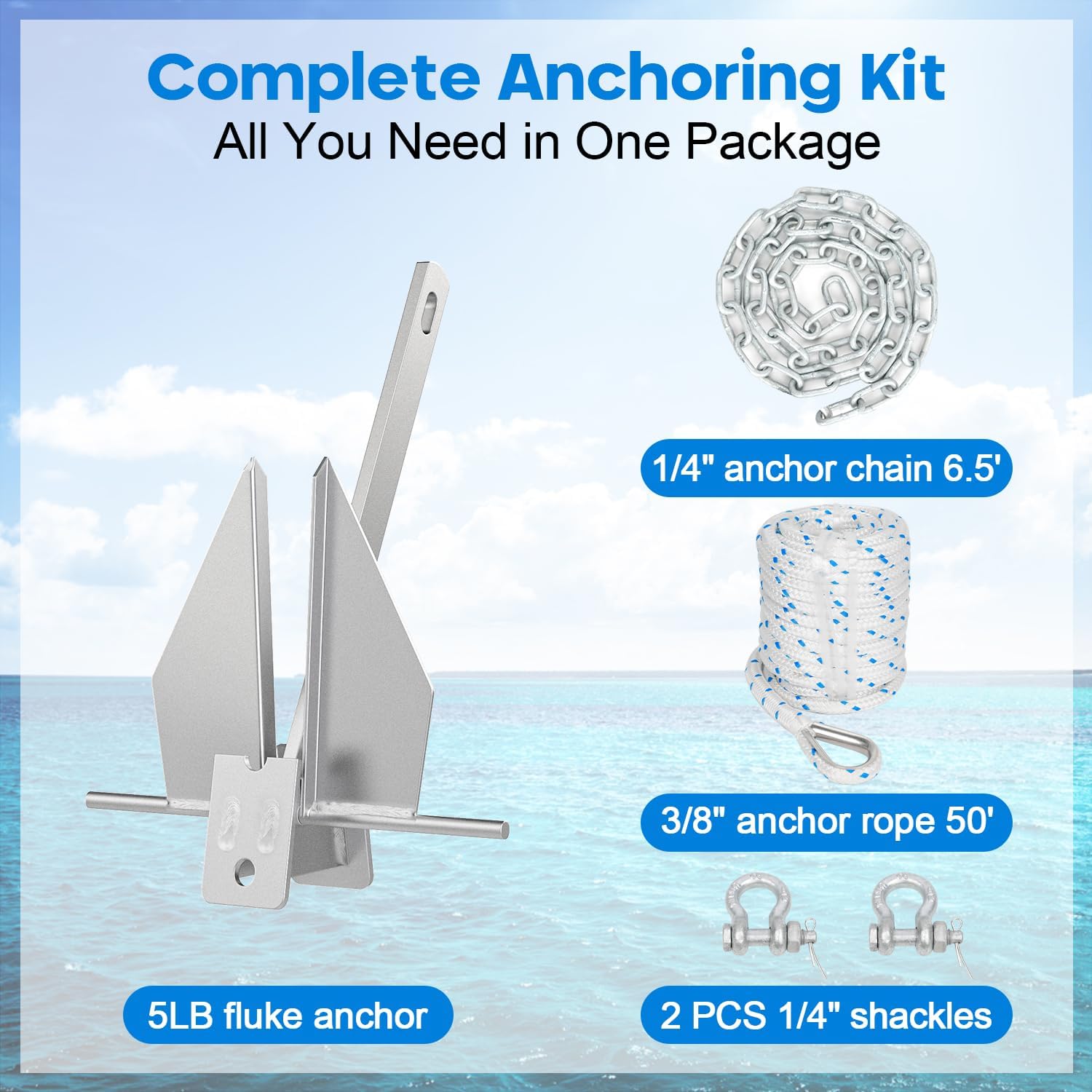 Galvanized Fluke Anchor Kit Includes Anchor Chain, Rope and Shackles, for Pontoons, Dinghies, Fishing Boats, Bass Boats, Sport Boats, Sport Yachts, 5/8/10/13 lb Boat Anchor Kit