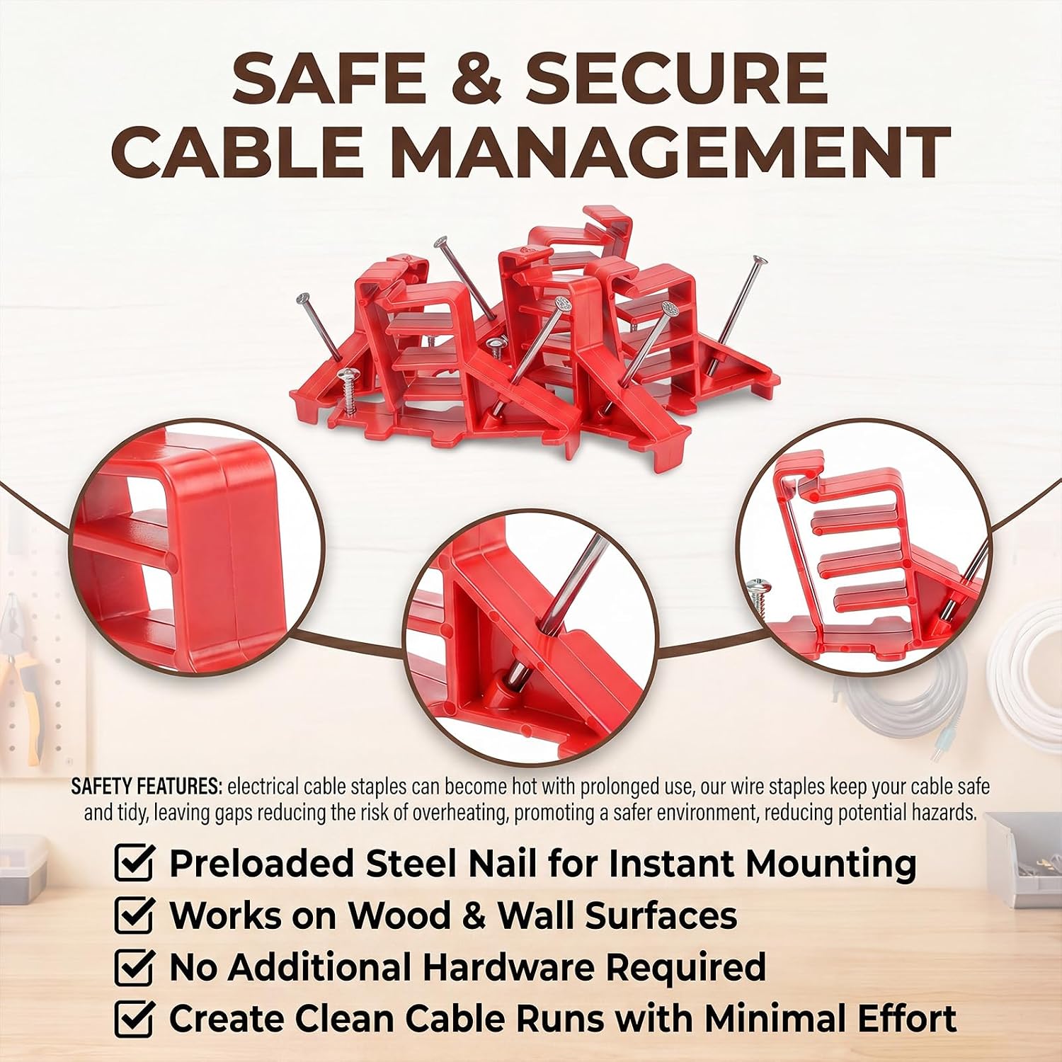 Lothee 200 Pack Multi Cable Staples Clips with Steel Nails Plastic Electrical Wire Stackers Insulated Cord Staples Secures Uf Nm Non-Metallic Coaxial Data/cat 5 Cable(Red)
