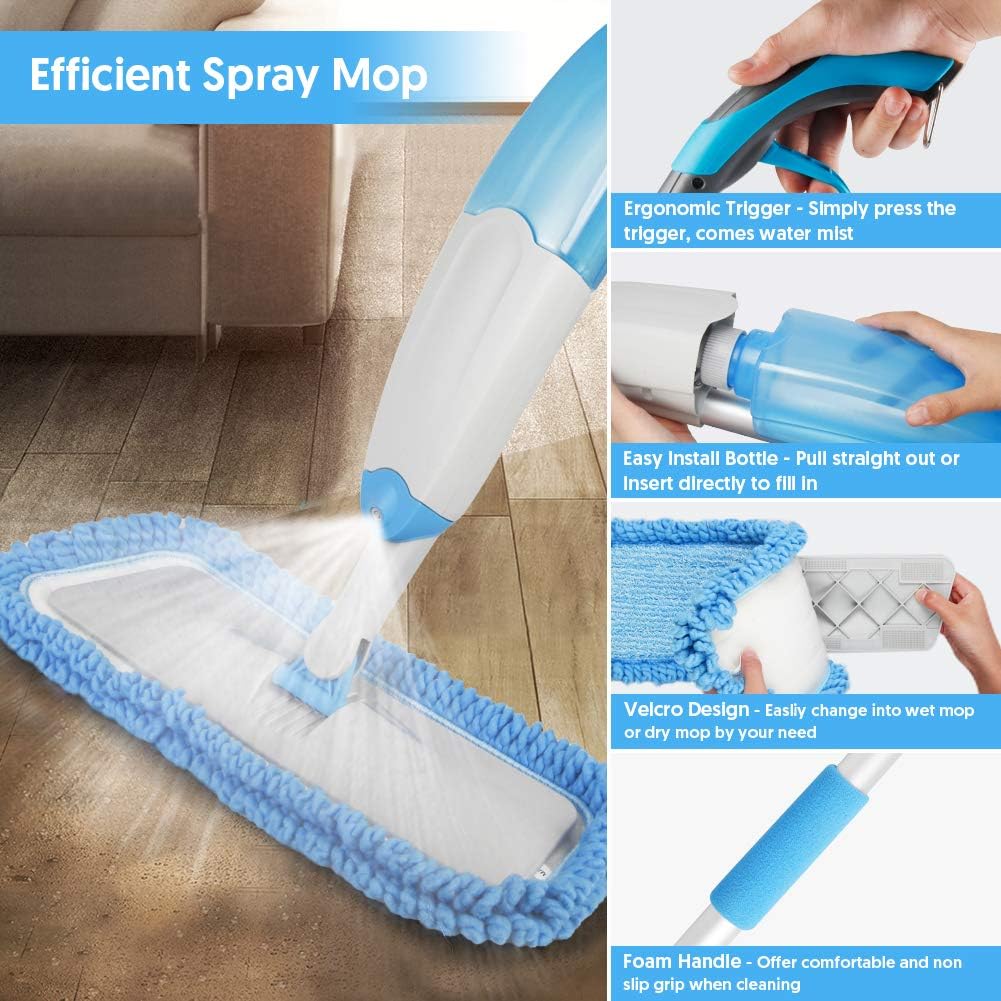 Microfiber Spray Mop for Floor Cleaning, Domi-patrol Floor Mop with Sprayer Dry Wet Mop with 3 Reusable Mop Pads & 635ML Refillable Bottle, Dust Mop for Hardwood Laminate Vinyl Tile Floors, Blue