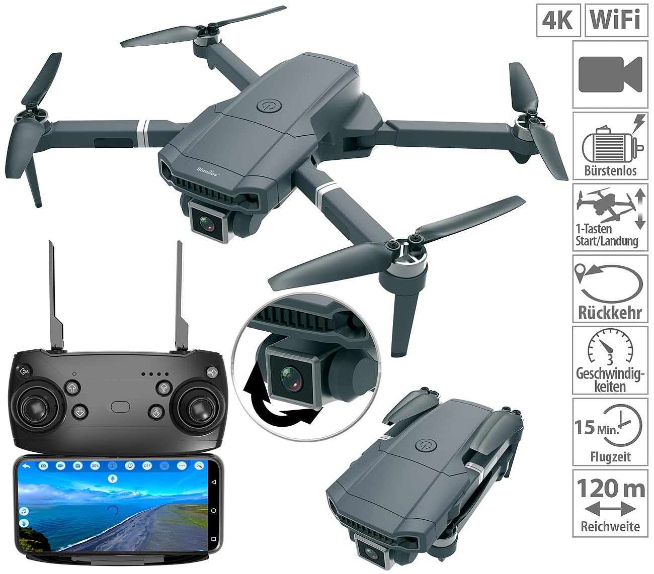 Simulus Quadrocopter-Drohnen: Faltbare WLAN-Drohne mit Brushless-Motor, Versandrückläufer (RC-Drone, Faltbarer Quadrocopter, USV)