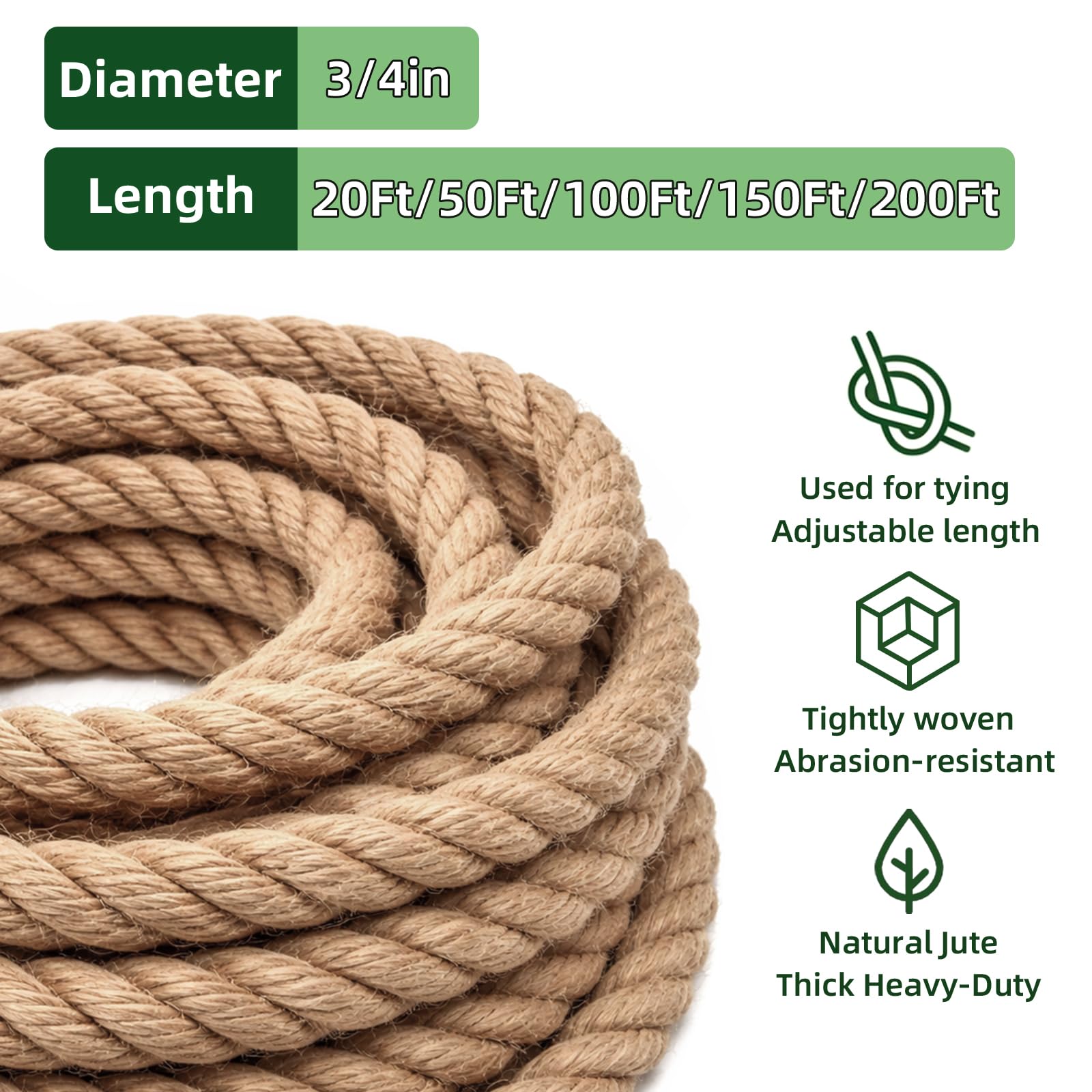 Twisted Manila Rope Jute Rope (3/4 in x 20 ft) Natural Thick Hemp Rope for Crafts, Railings, Hammock, Decorating