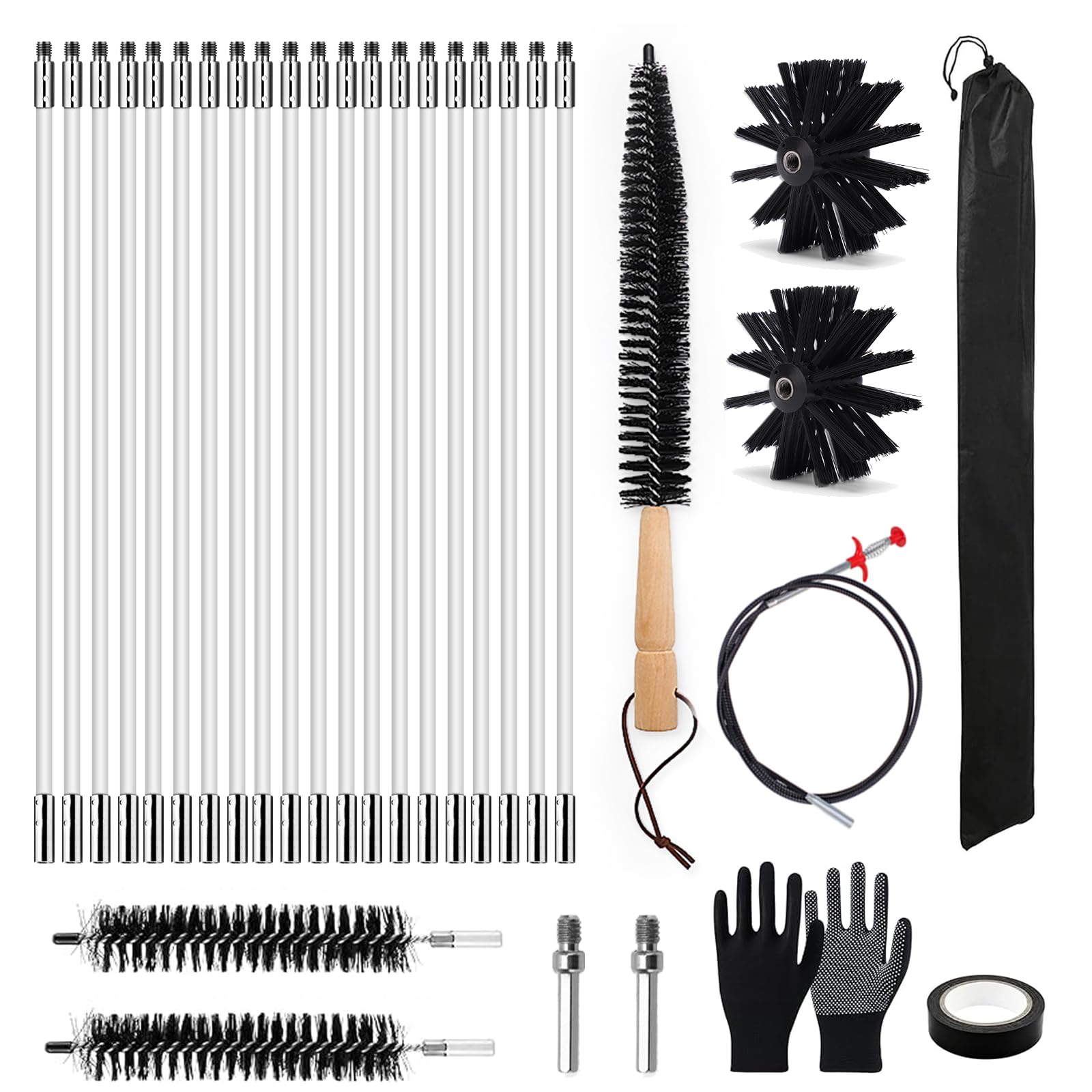 Set di 31 spazzole per camino Premium (150 mm) – 20 aste flessibili con 2 spazzole, spazzola per asciugatrici, guanti, custodia per camino, canna fumaria, cappa aspirante, asciugatrice