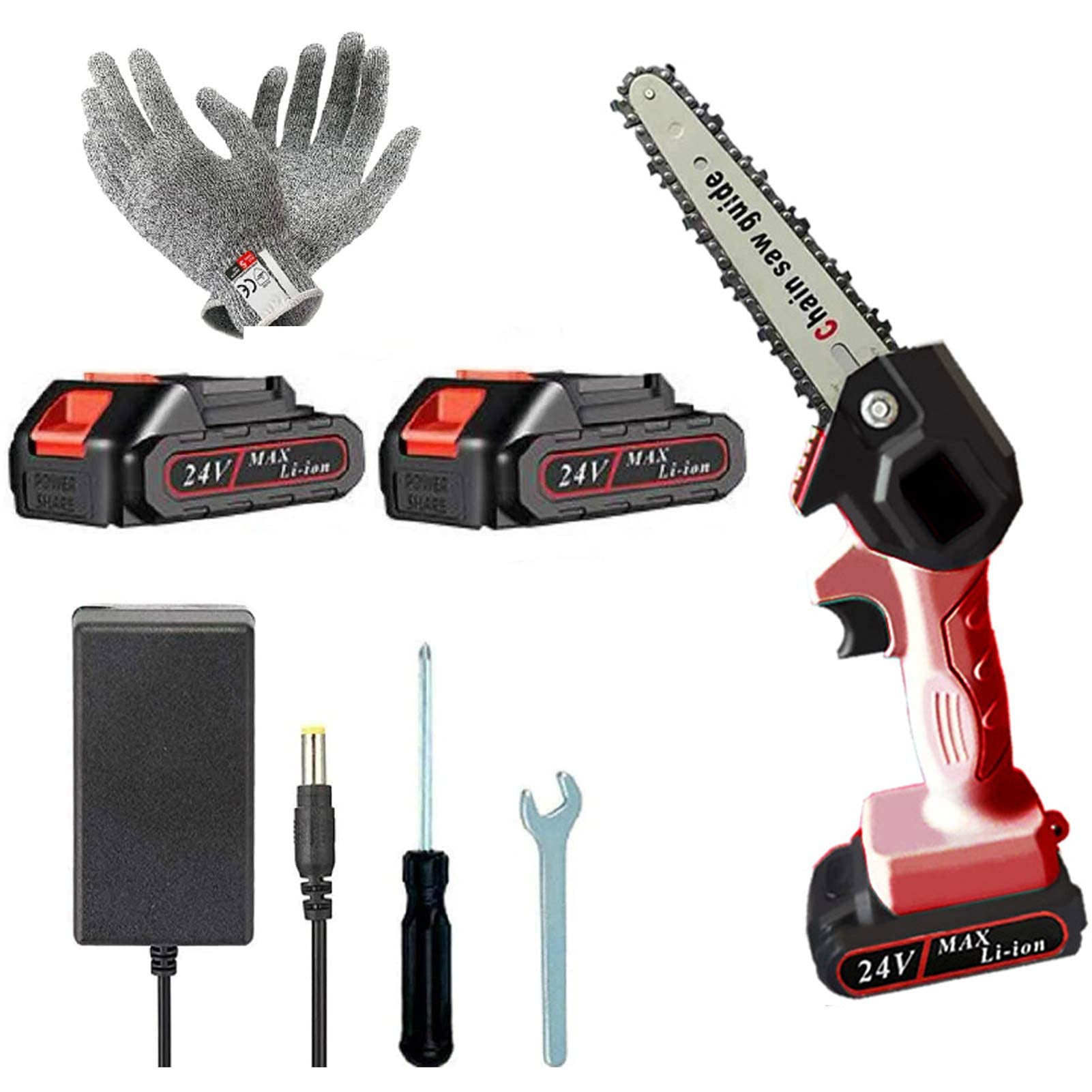 Motosierra eléctrica, Mini Motosierra, Sierra inalámbrica de 6 Pulgadas, Mini Cortador de Madera a Pilas con 2 baterías Recargables para jardín y Exteriores (Rojo 2 baterías)