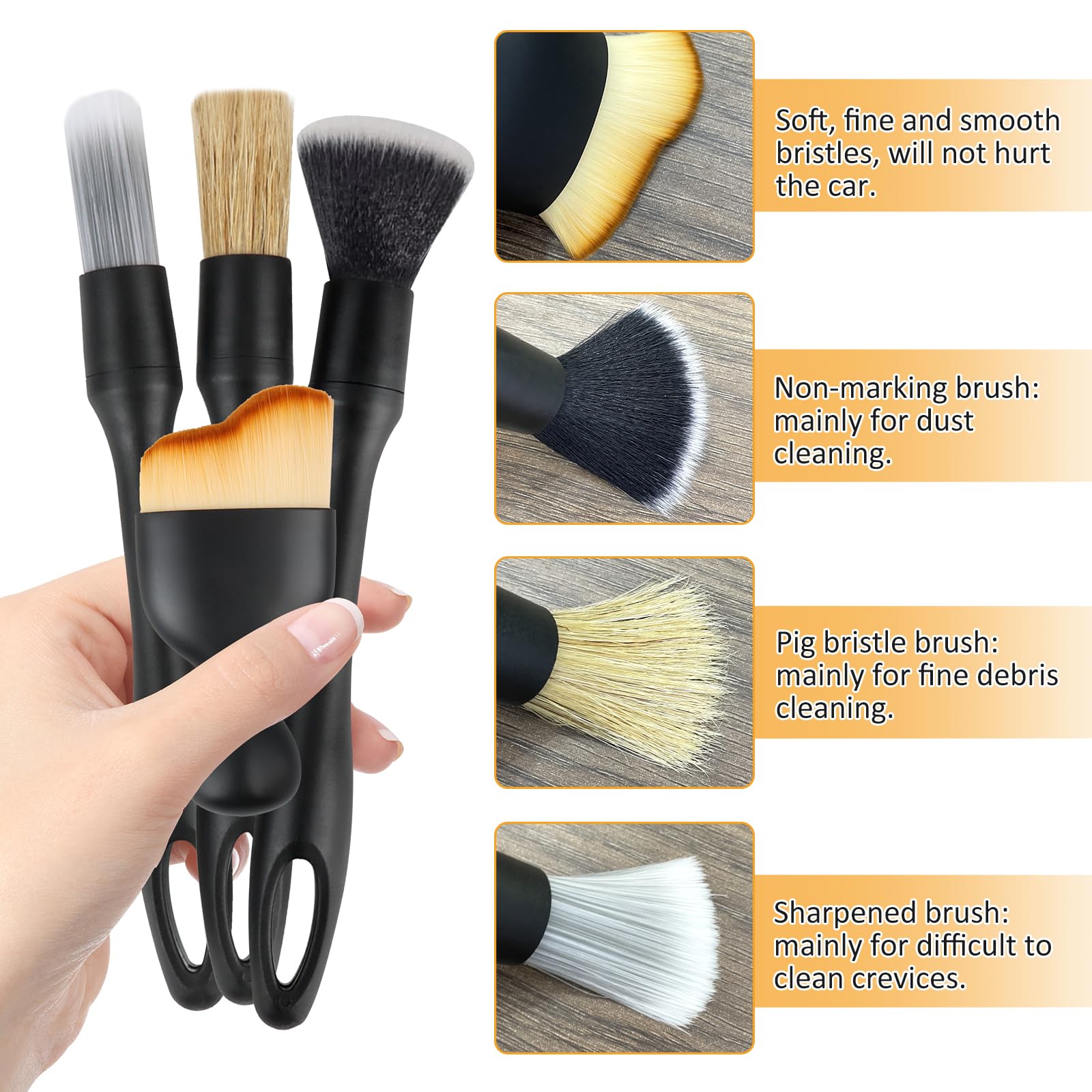 Pinceau Voiture Nettoyage Kit De 3 Brosses De Nettoyage Auto - Poils Doux, Sanglier Et Conique - Pour Tableau De Bord, Aérations, Intérieur/extérieur Pinceau De Nettoyage Automobile