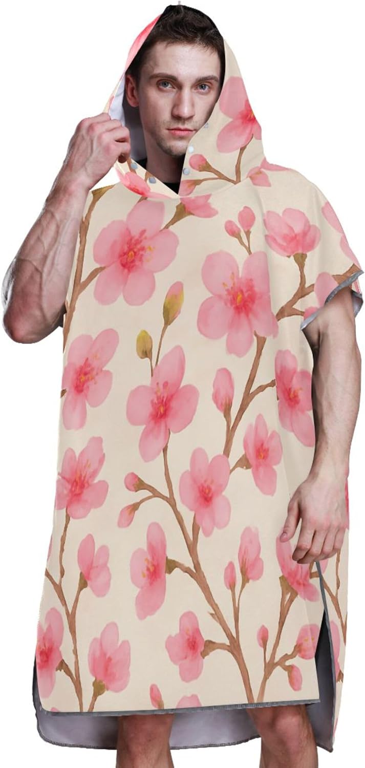 Cherry Blossom Branches Surf Poncho Changing Robe for Adults Hooded Beach Towel Print Reusable Unisex Adult Poncho with Hood One Size