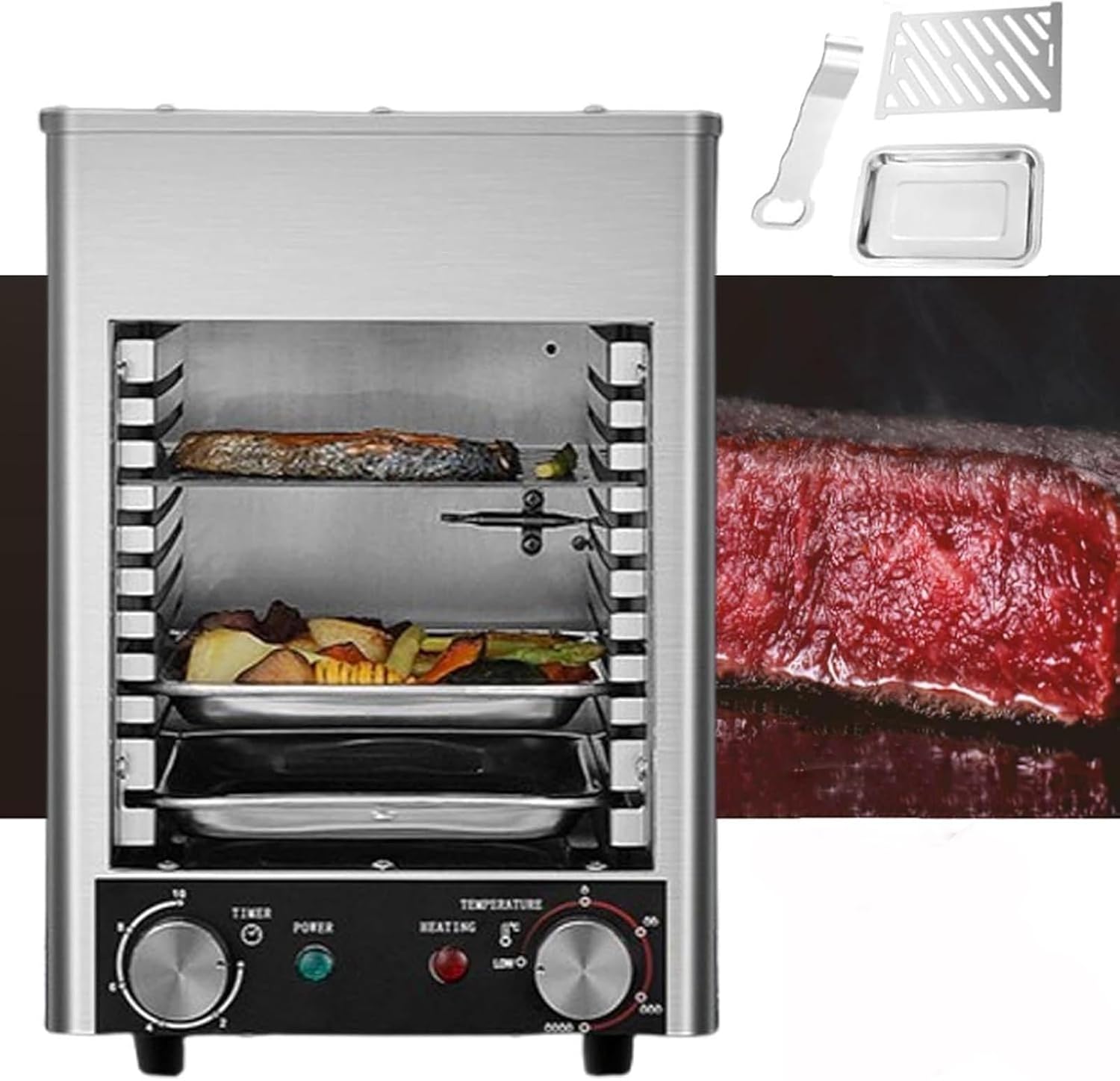 1700W steak grill, electric steak grill, with temperature adjustment and time control, maximum temperature 800℃, for cooking steak, vegetables, fruits