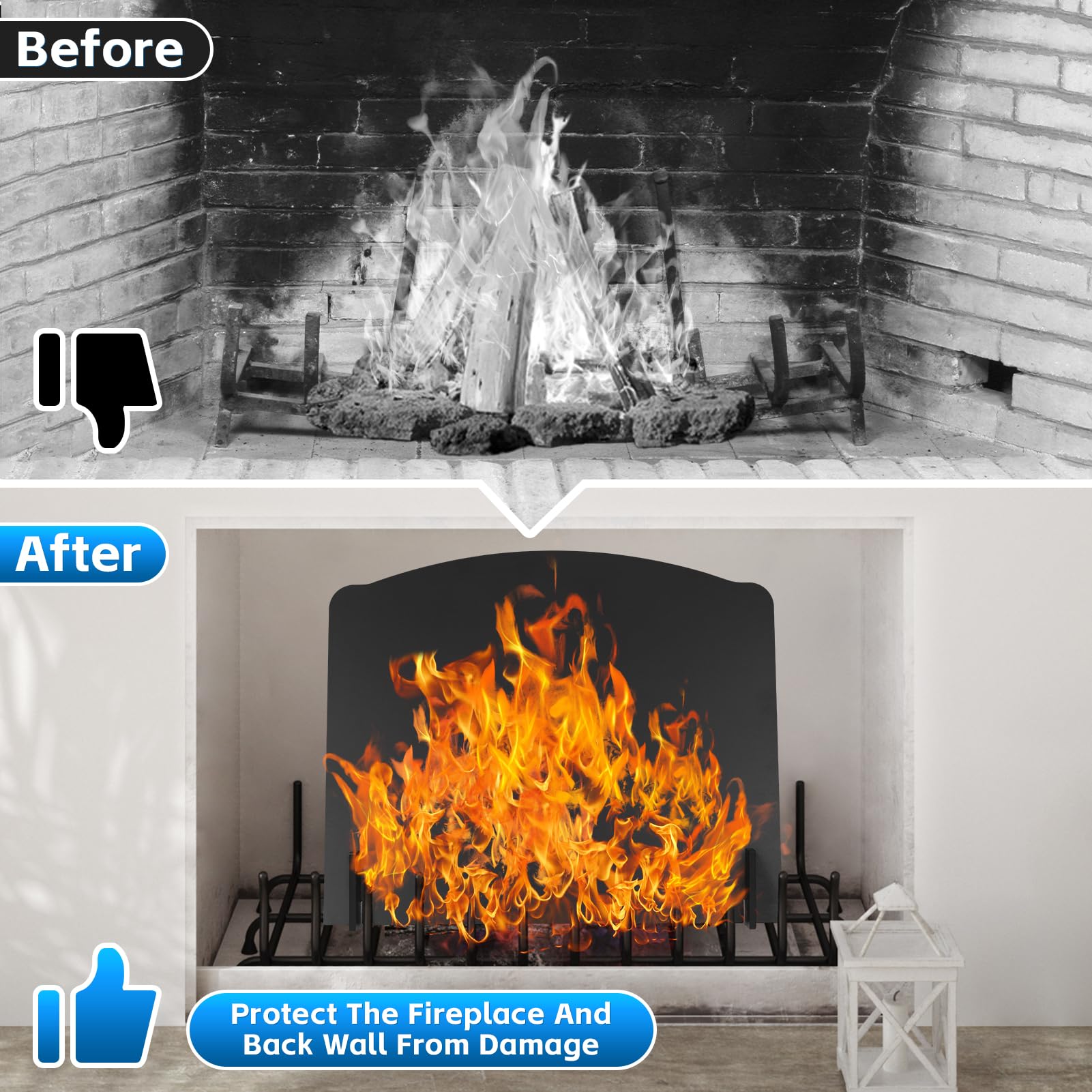 Fireback in ferro con piedini, 55,9 cm piastre posteriori per camino, riflettore di calore, nero, stile moderno