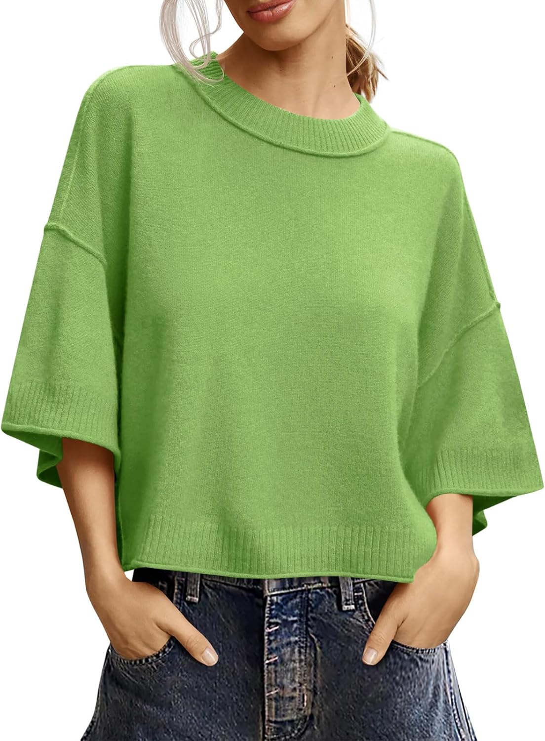  Womens Short Sleeve Sweater Oversized Cropped Sweaters Knit Top | Summer,Casual,Crew Neck,Lightweight,Striped,Loose,Half Sleeve,Business Casual,Work,Basic T Shirts,Seam,Spring,Going Out thumbnail