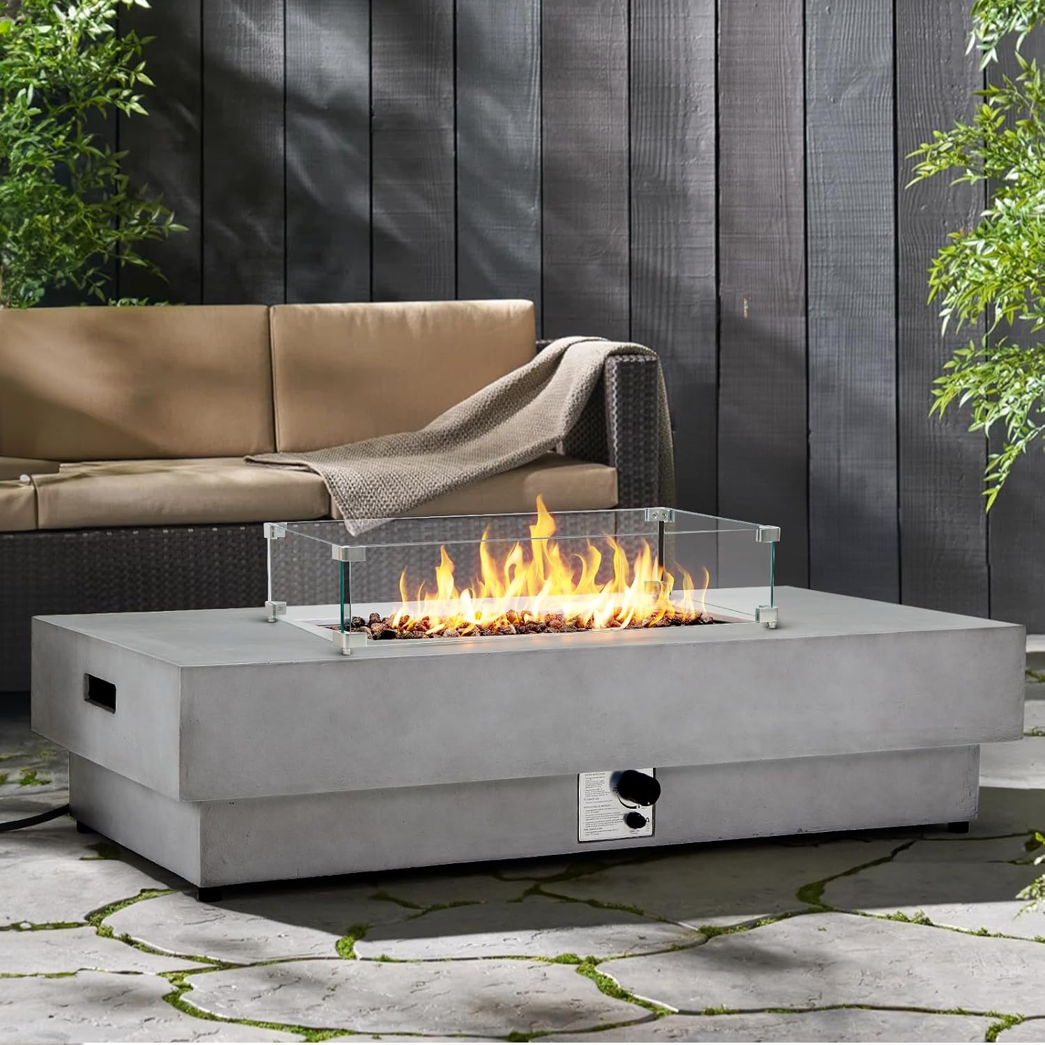 60-inch Propane Fire Pit Table with Wind Guard, 50,000 BTU Natural Gas Firepit Concrete Rectangle Fire Table w/Metal Lid, Natural Gas Orifice, Lava Rocks, Rain Cover for Outside Patio, Backyard