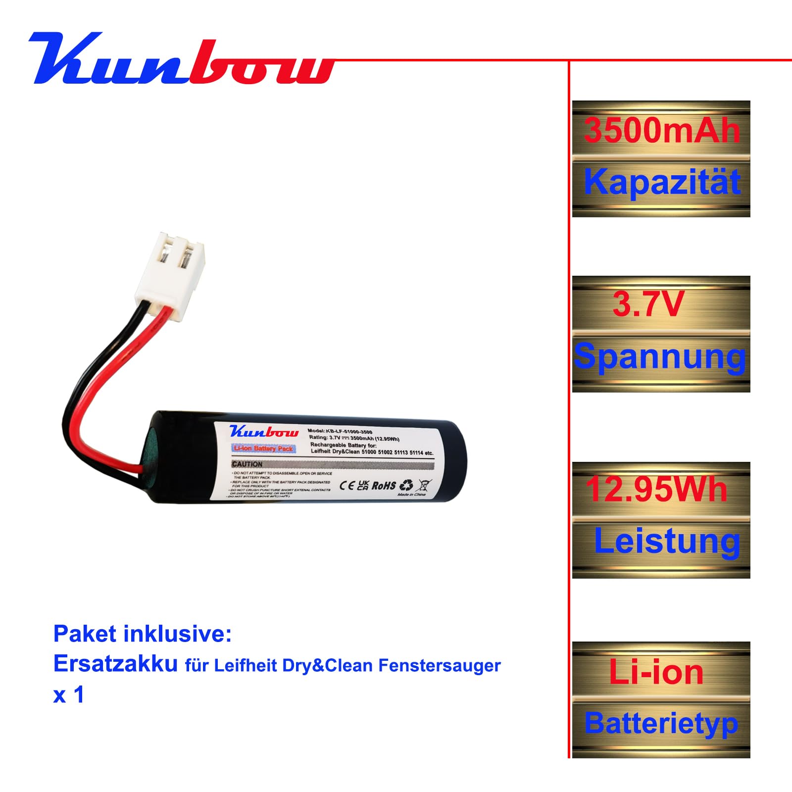 3,7 V 3500 mAh Li Ion accu voor raamreiniger, Leifheit Dry&Clean 51000