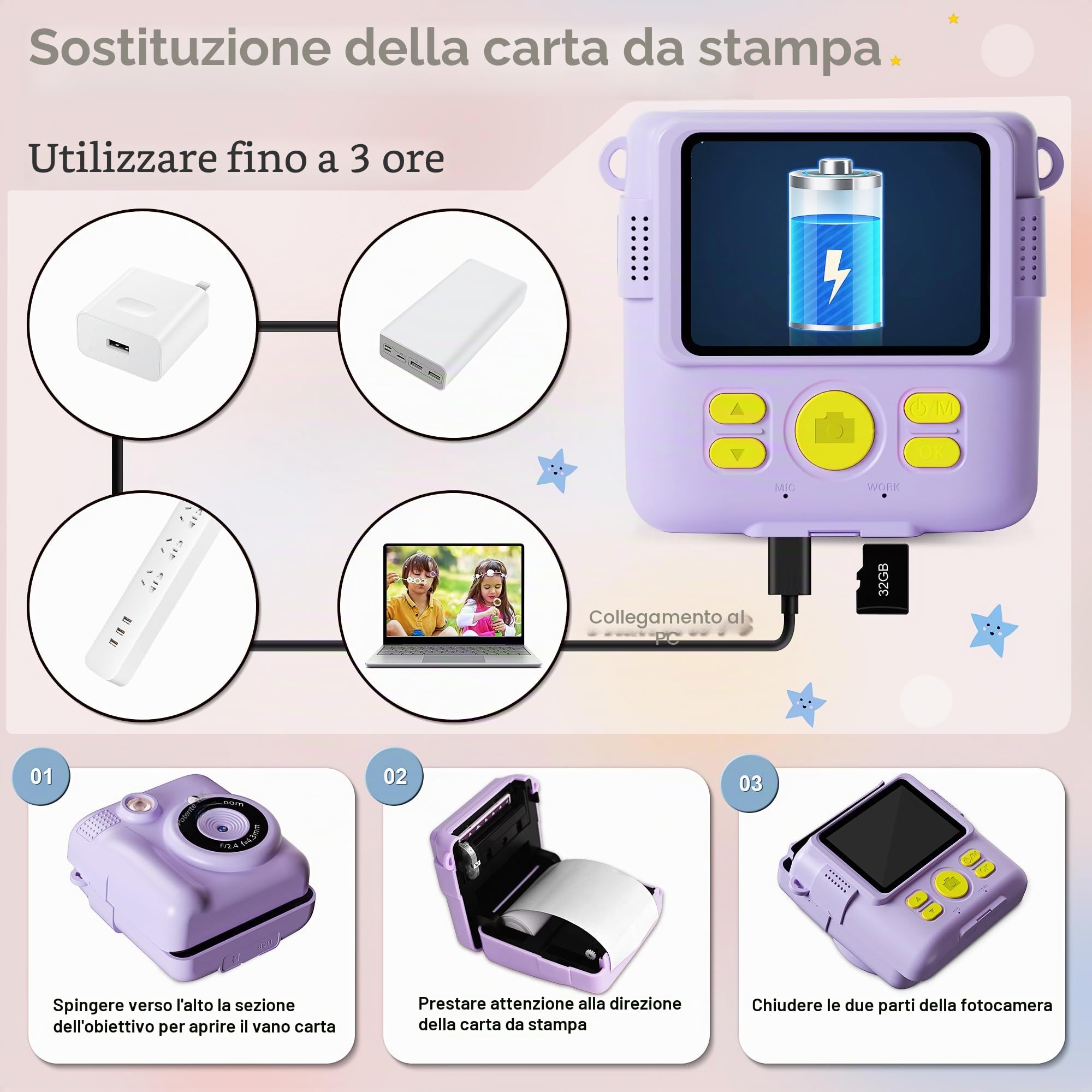 GKTZ Macchina Fotografica Bambini Istantanea - 1080P HD Digitale Fotocamera Stampa, Giocattolo con 32GB Scheda e 3 Rotoli di Carta Fotografica, Regali di Compleanno per Bambine di 4-12 Anni, Viola