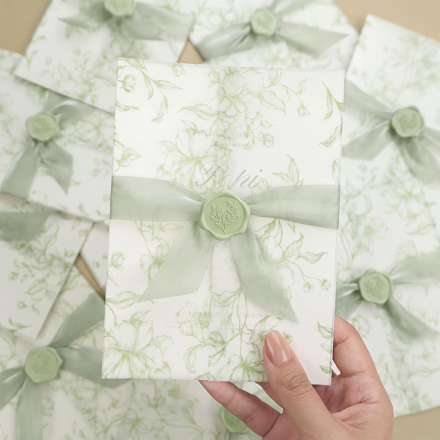 UNIQOOO 50 Sets Wedding Invitation Kit, Sage Green Floral Vellum Jackets for 5x7 Invitations w/Satin Silk Ribbon & Eucalyptus Wax Seal Stickers, Wedding Invitation Accessories