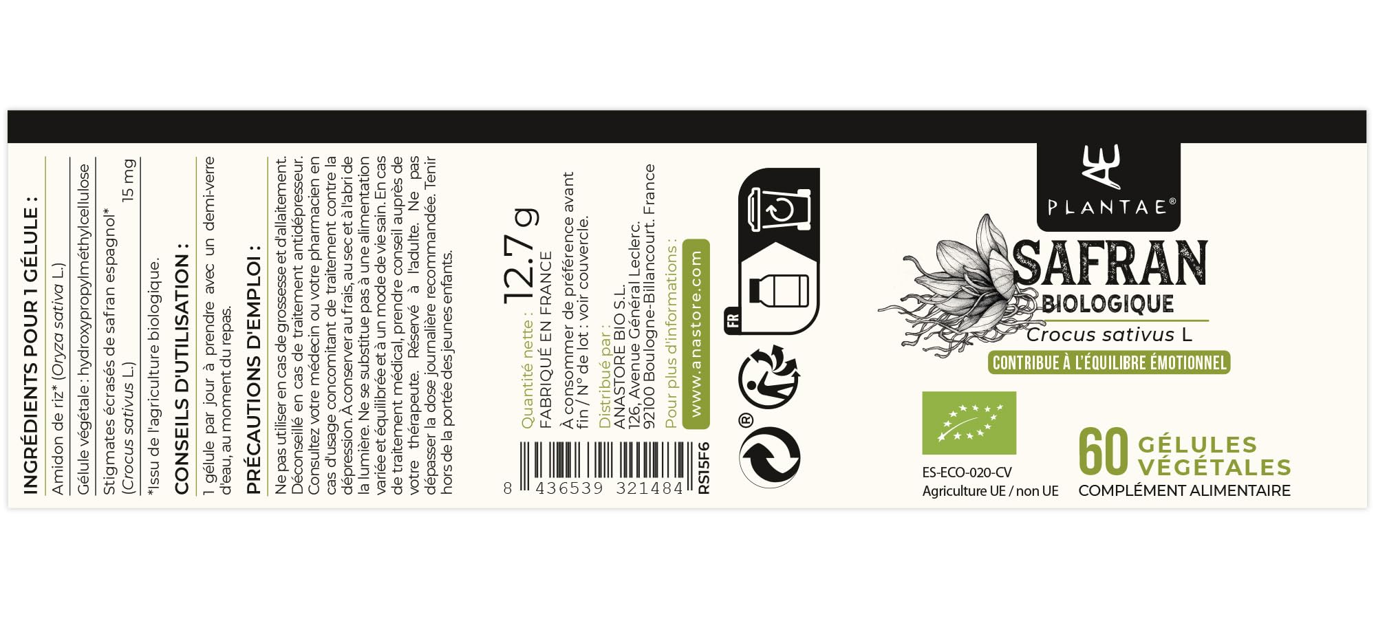 SAFRAN BIOLOGIQUE * L’or rouge * Issu de la province de Teruel (Espagne) * Qualité supérieure * Certifié par le Comité aragonais pour l’agriculture biologique * 60 gélules / 15 mg