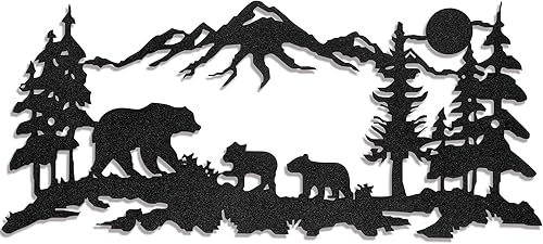 Moxweyeni Arte de pared de oso de metal, bosque de oso de montaña, decoración rústica de caza de animales para decoración de pared de dormitorio,