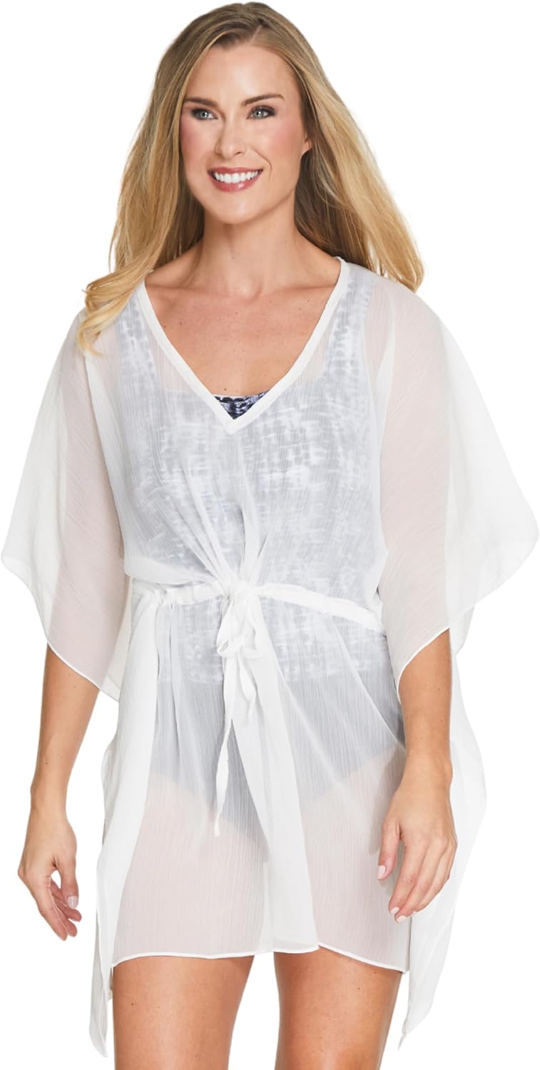 Nine West Women’s Sheer Chiffon Swim Cover-Up Dress, Lightweight Kimono Sleeve, with Waist Tie (Navy or White)