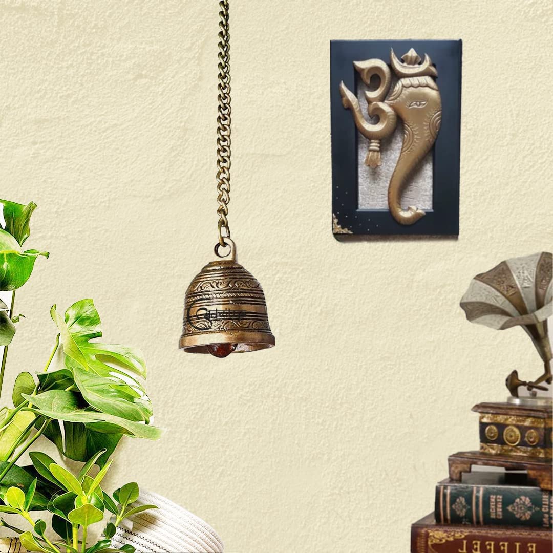 The Advitya Brass Handcrafted Hanging Bell with Chain | Wall Hanging Bells for Home Mandir Temple | Hanging Designer Bell for Pooja | Mandir Ki Ghanti | Brass Bell for Pooja Room| Pack of 2 - Image 2 thumbnail