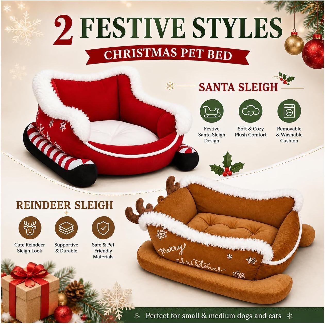 Cama para Gatos de Navidad,Cama para Perros,Cama navideña para Perros con Forma de Trineo de Papá Noel,Trineo de Navidad,Nido de Peluche,para Dormitorio,Salón,Invierno,Casa
