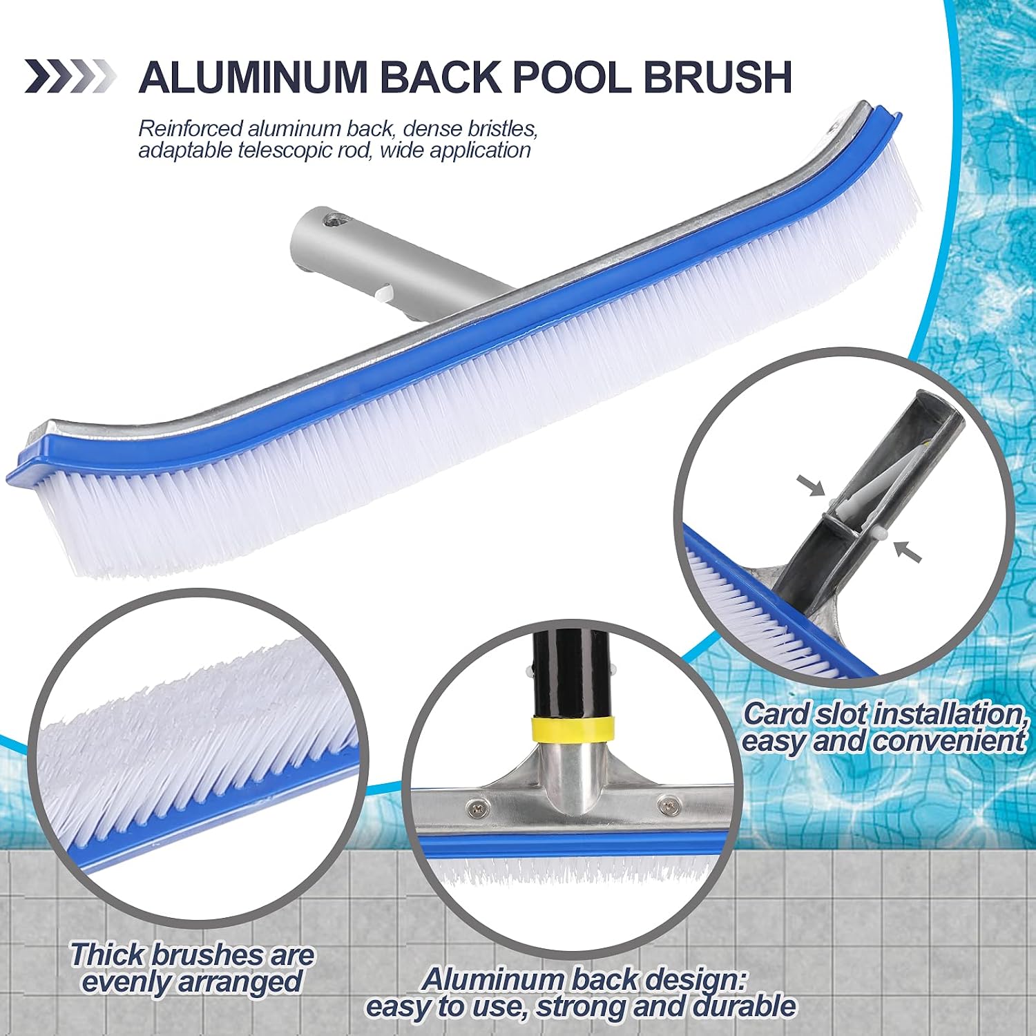Swimming Pool Wall Tile Brush,18" Polished Aluminum Back Pool Scrub Brush Head Designed for Cleans Walls, Tiles & Floors, Nylon Bristles Algae Pool Brush Head with EZ Clips