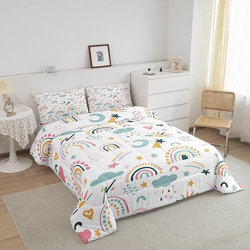 Miniatura 5 de Feelyou Juego de edredón de arcoíris tamaño individual para niñas, lindo juego de ropa de cama bohemio con diseño de arco iris, diseño de nubes, sol
