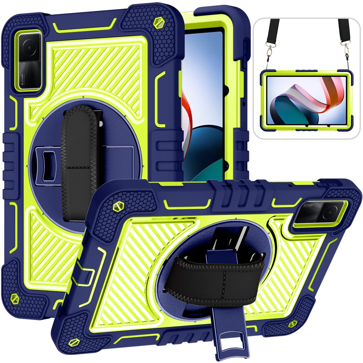 Tablet Case for Xiaomi Redmi Pad 10.61 inches 22081283G, Tablet Shockproof Cover with 360° Rotating Stand and Wrist Strap, Shoulder Strap Navy Blue+Yellow Green