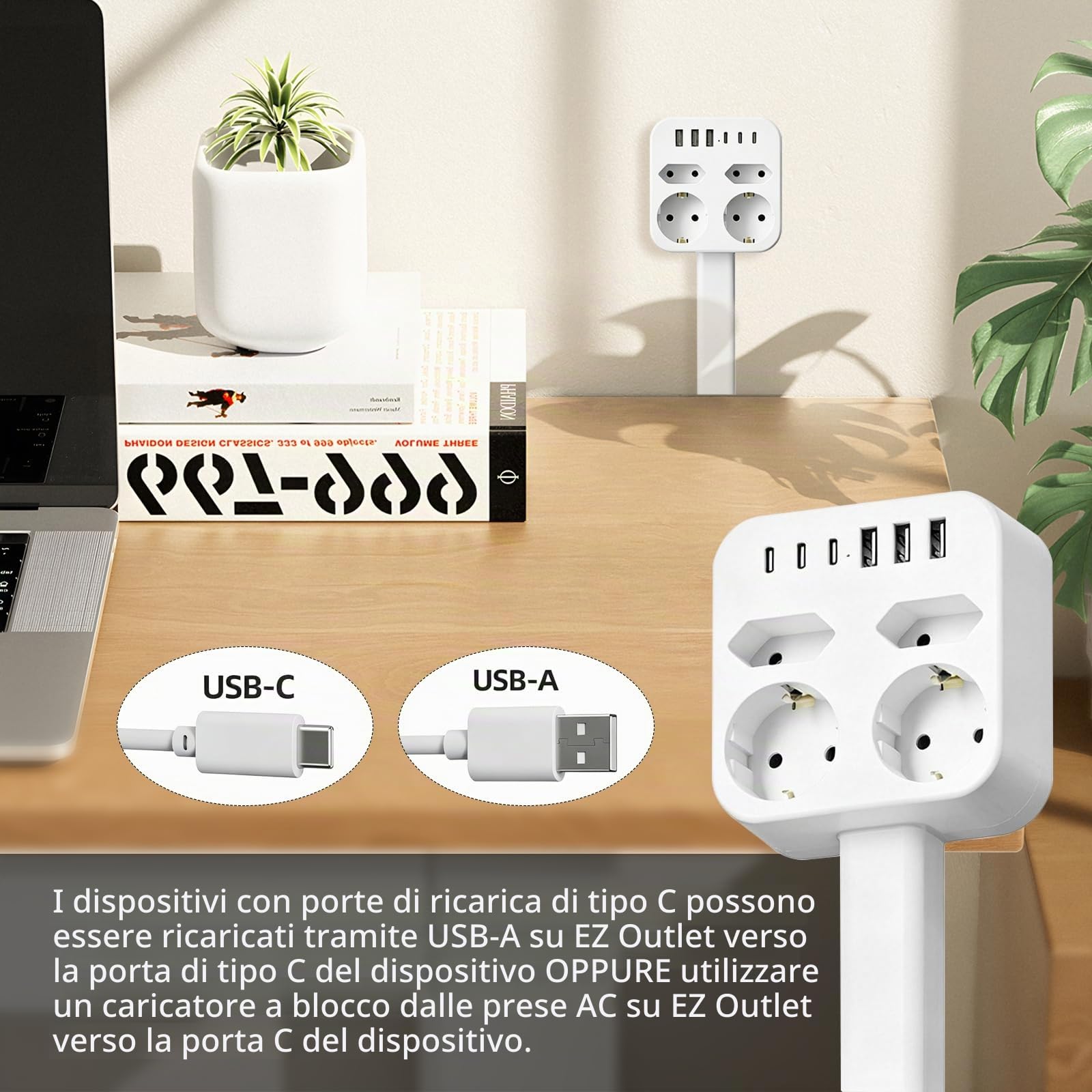 Presa Rotante Estensibile (47-67 cm), con Porte USB-A/USB-C e 3 Prese AC, Rotazione 360°, Ideale per Divano, Comodino e Dietro ai Divani (Piazza)
