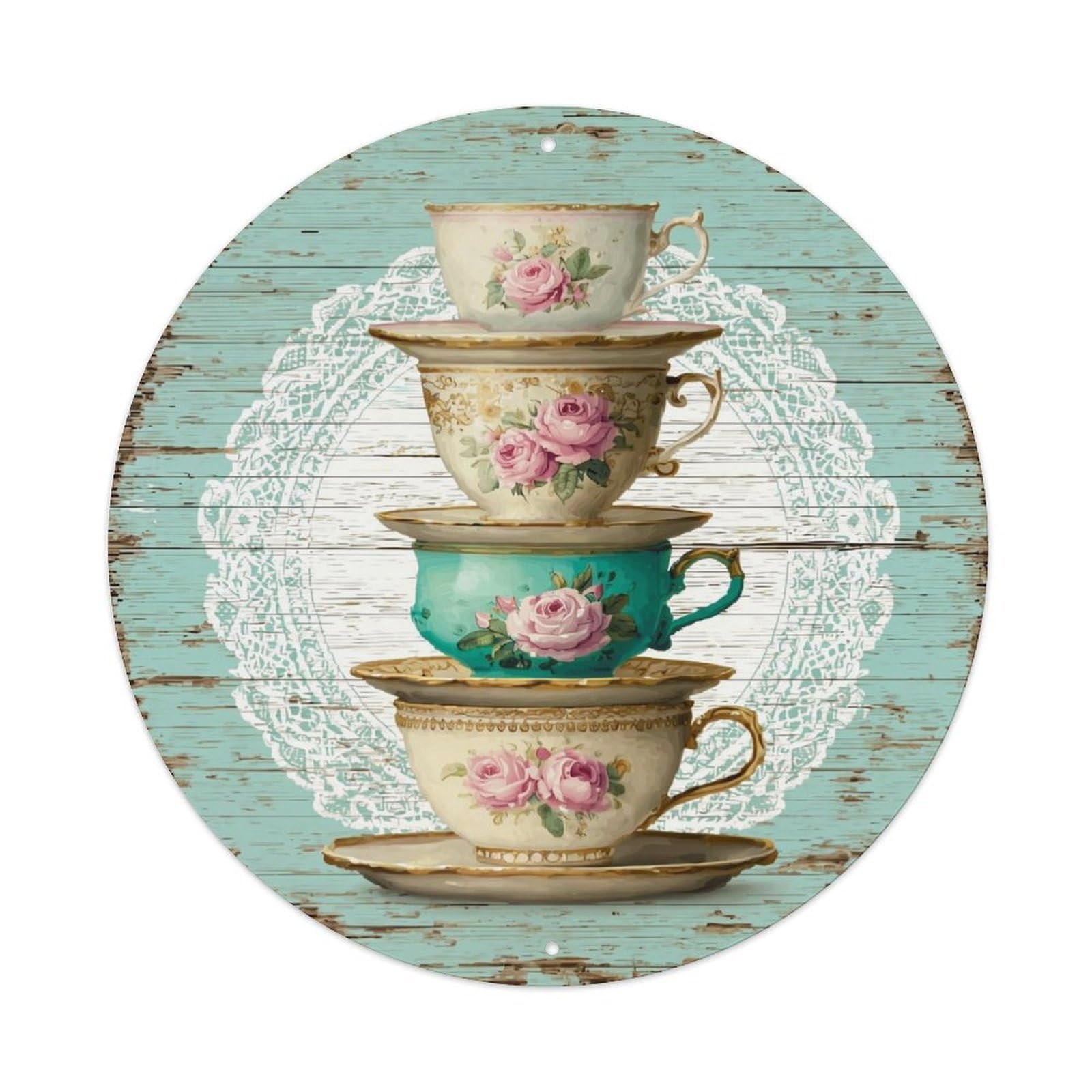 Floral Teacups Stack Vintage Lace Round Metal Tin Sign Vintage Wall Decor, Bar Garage Cafe Kitchen Home Wall Art Poster 8x8inches