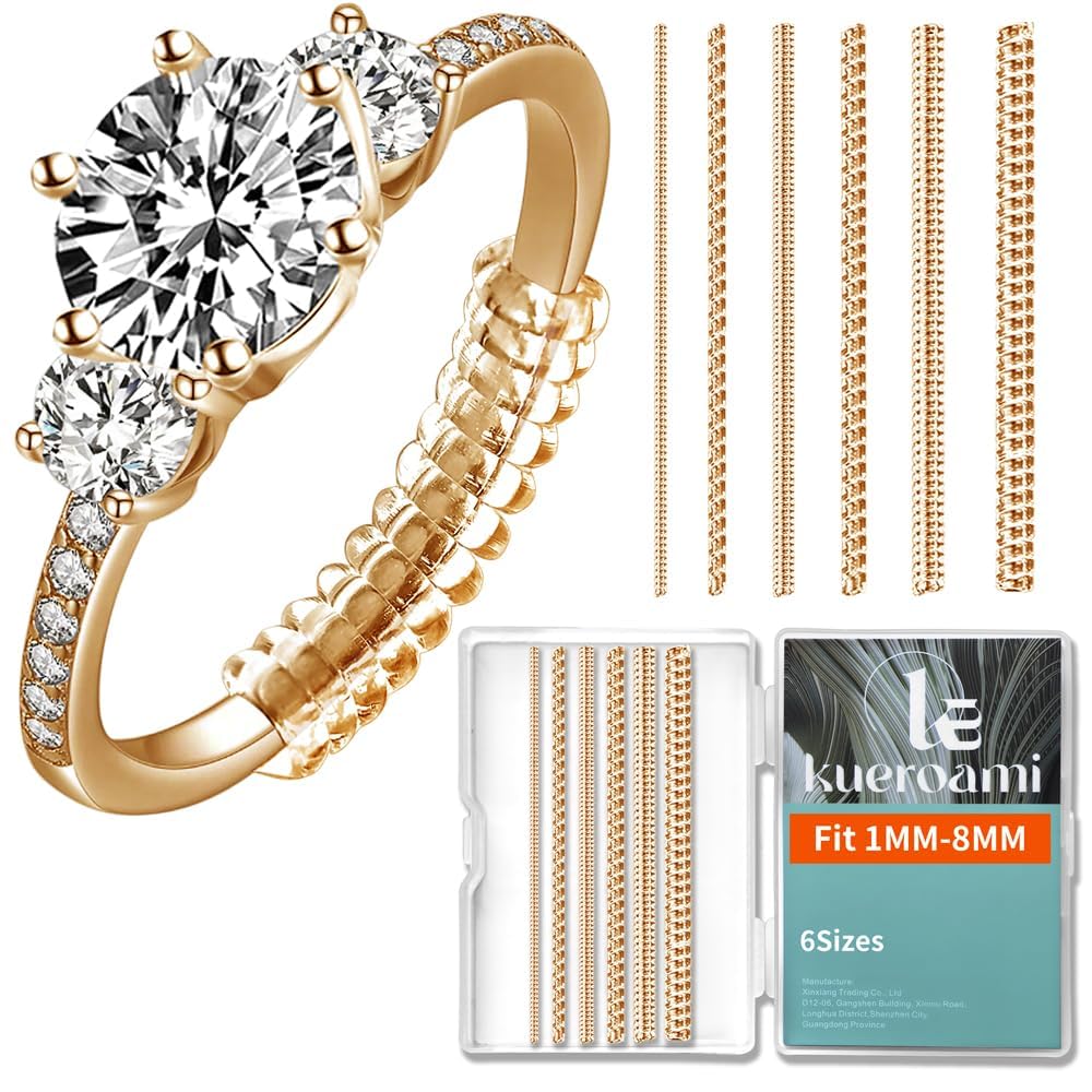 Ring Sizers For Loose Rings，Kueroami Gold Ring Guards, 6 Different Sizes Spacers Tightener Resizer Fitter Inserts For Rings That Are Too Big Adjuster, Reduces Gap Size By 0.5-1.5 Sizes (Gold)