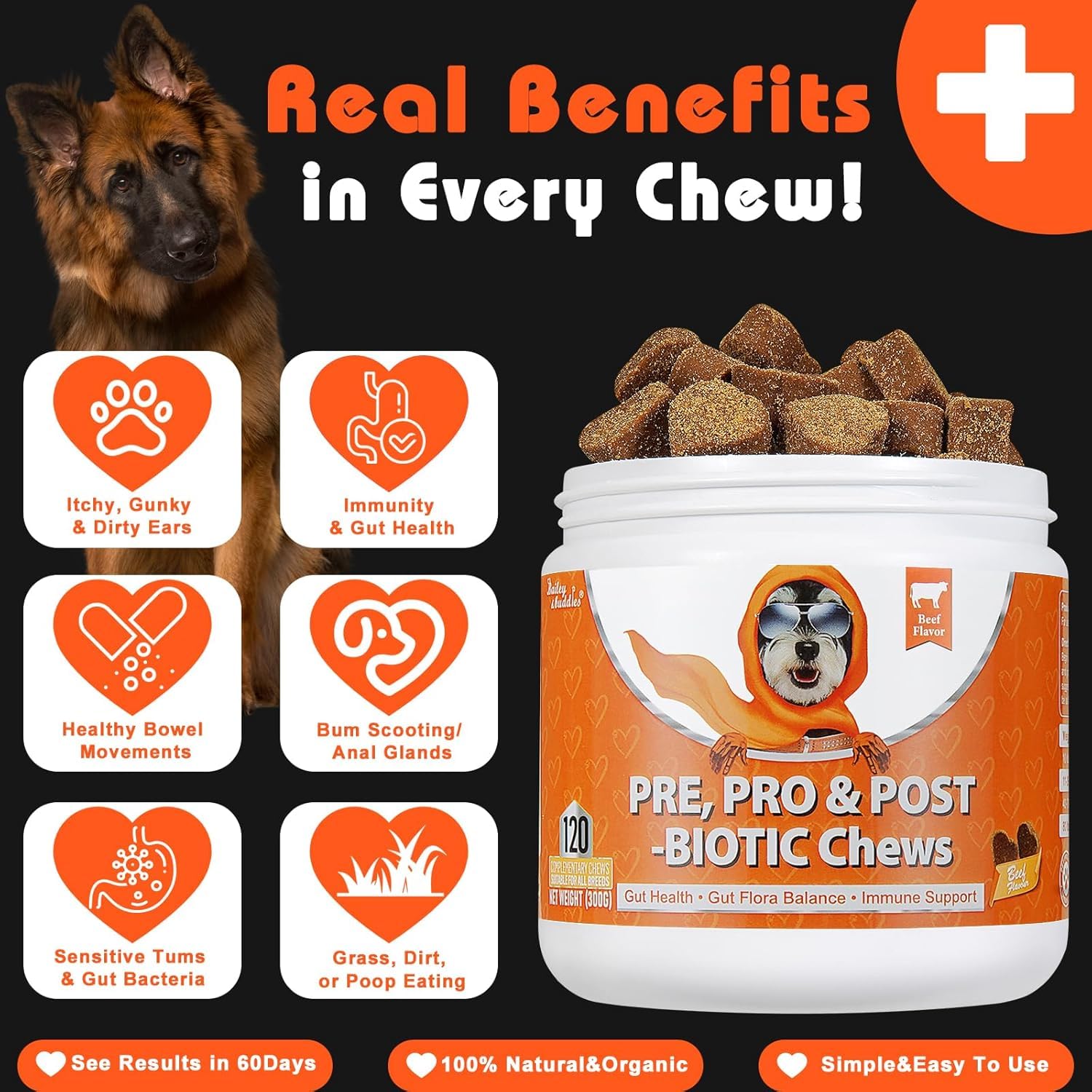 Bailey & buddies Probiotiques Chien Digestion & Système Immunitaire | Compléments Alimentaires Premium pour Chiens | Oméga 3, Probiotiques | Marque UK | 300g