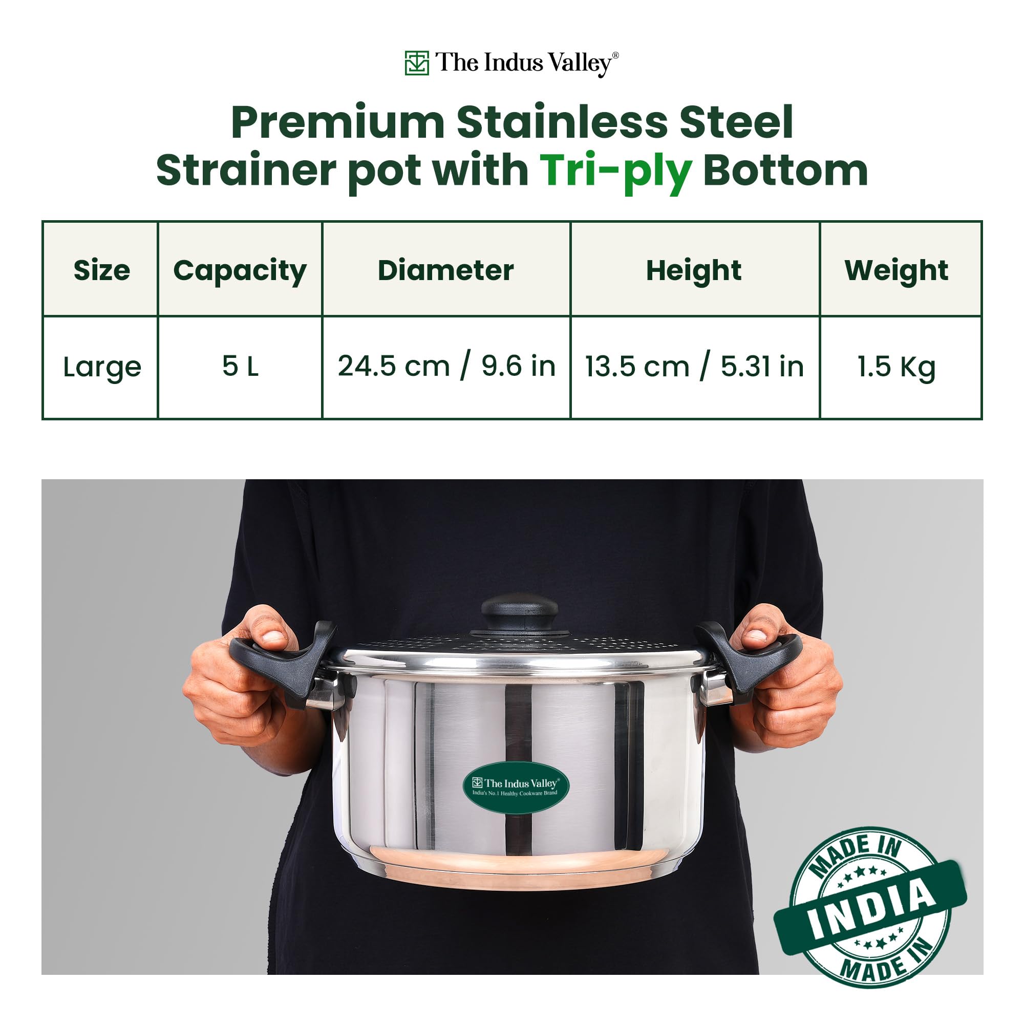 Indus Valley Stainless Steel Strainer Pot - 5L -3