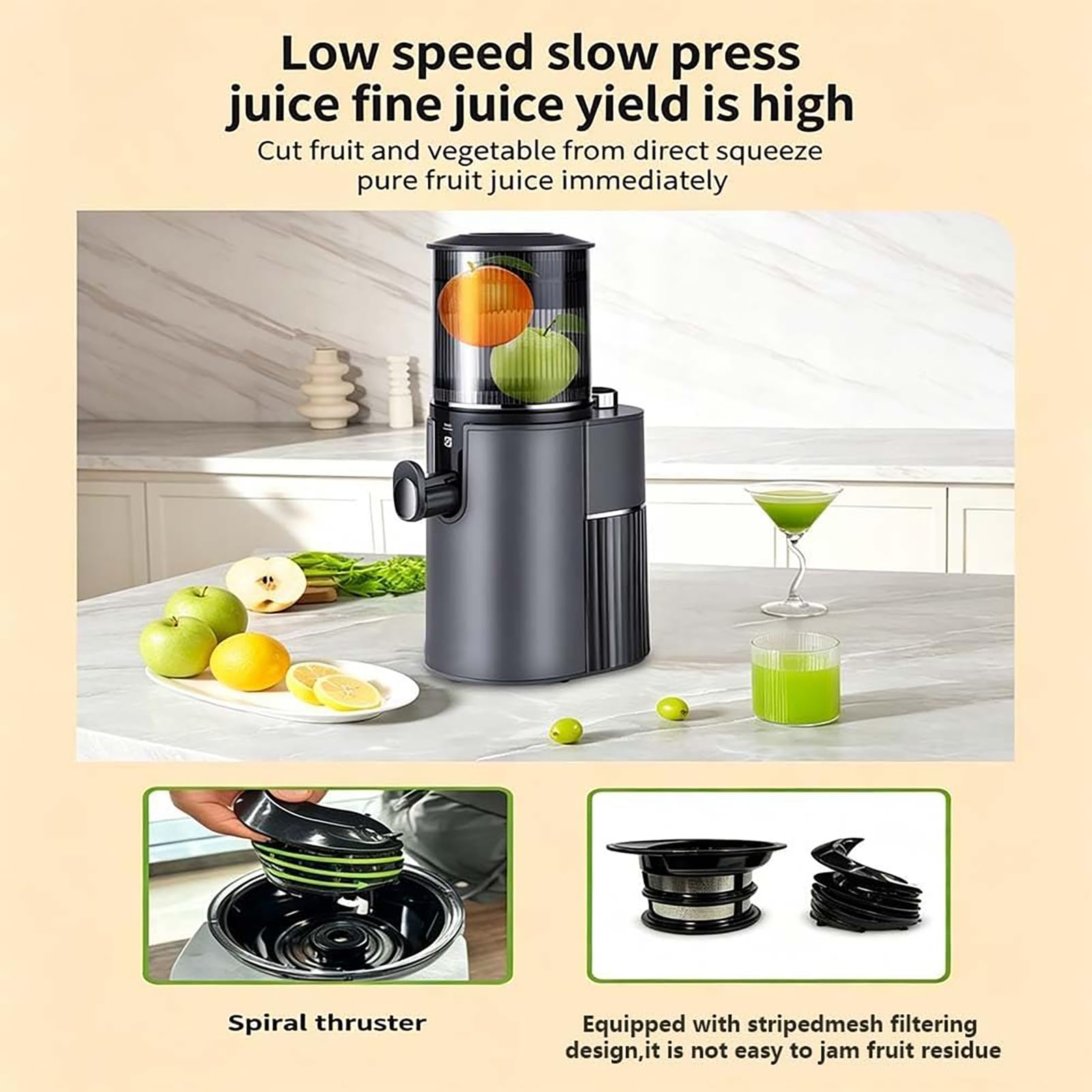 Máquina Eléctrica de Zumo de Naranja, Exprimidor Masticador de 350W | 45 Rpm, Baja Velocidad, Alto Rendimiento de Jugo, Canal de Alimentación Ancho, Función Inversa(black)