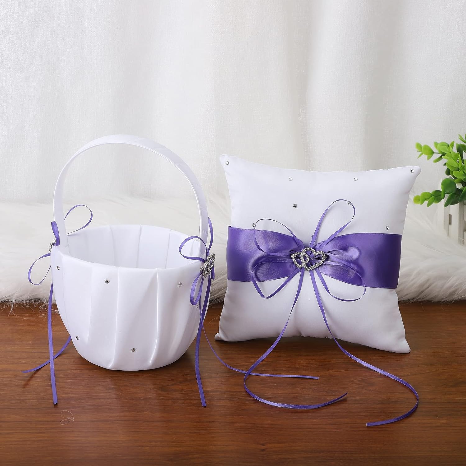 2 PCS White Satin and Purple Flower Girl Basket and Ring