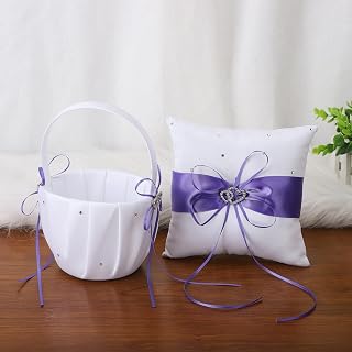 2 PCS White Satin and Purple Flower Girl Basket and Ring Pillow Set with Double Heart Rhinestone Decor, Wedding Set Basket and Ring Bearer Pillow Satin Collection for Wedding Decor